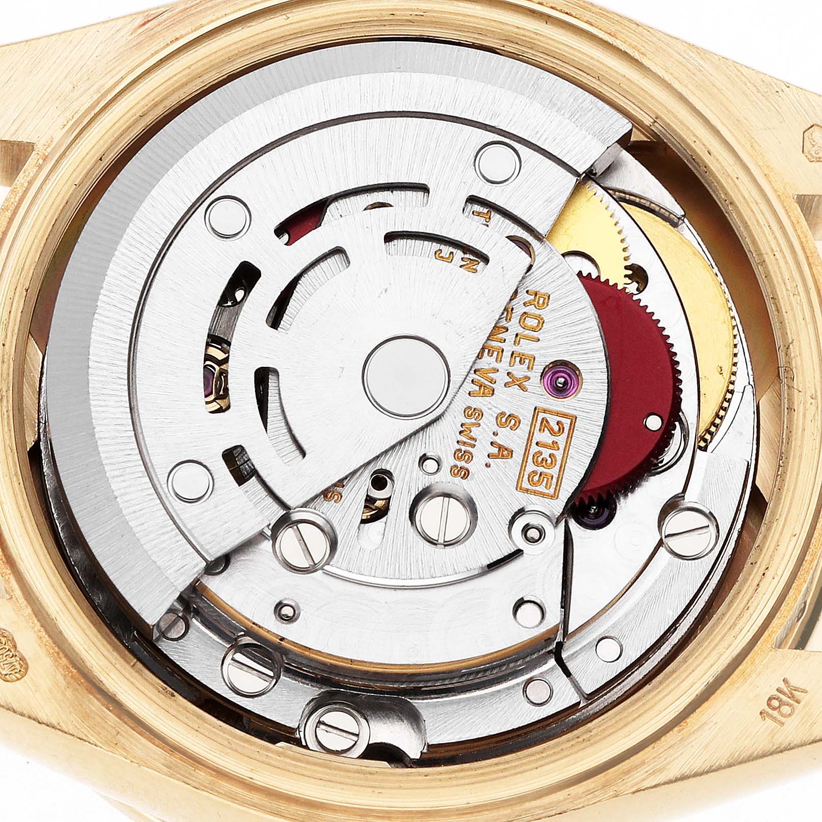 The Rolex President 69158 Women's Yellow Gold Silver Dial model is shown from the back, revealing its intricate movement and components.