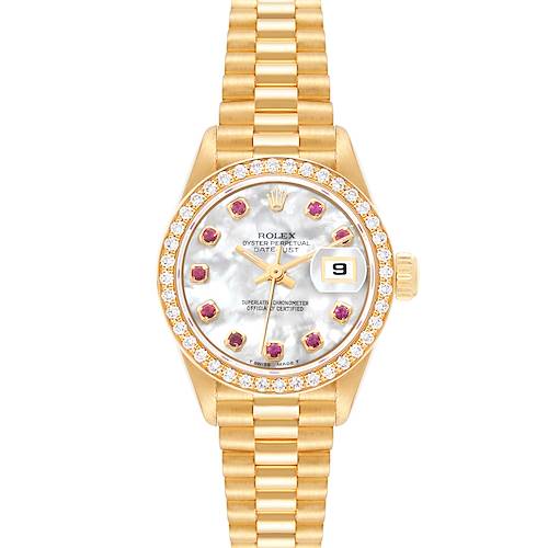 Photo of Rolex President Yellow Gold Mother Of Pearl Ruby Dial Diamond Ladies Watch 69138 Box Papers