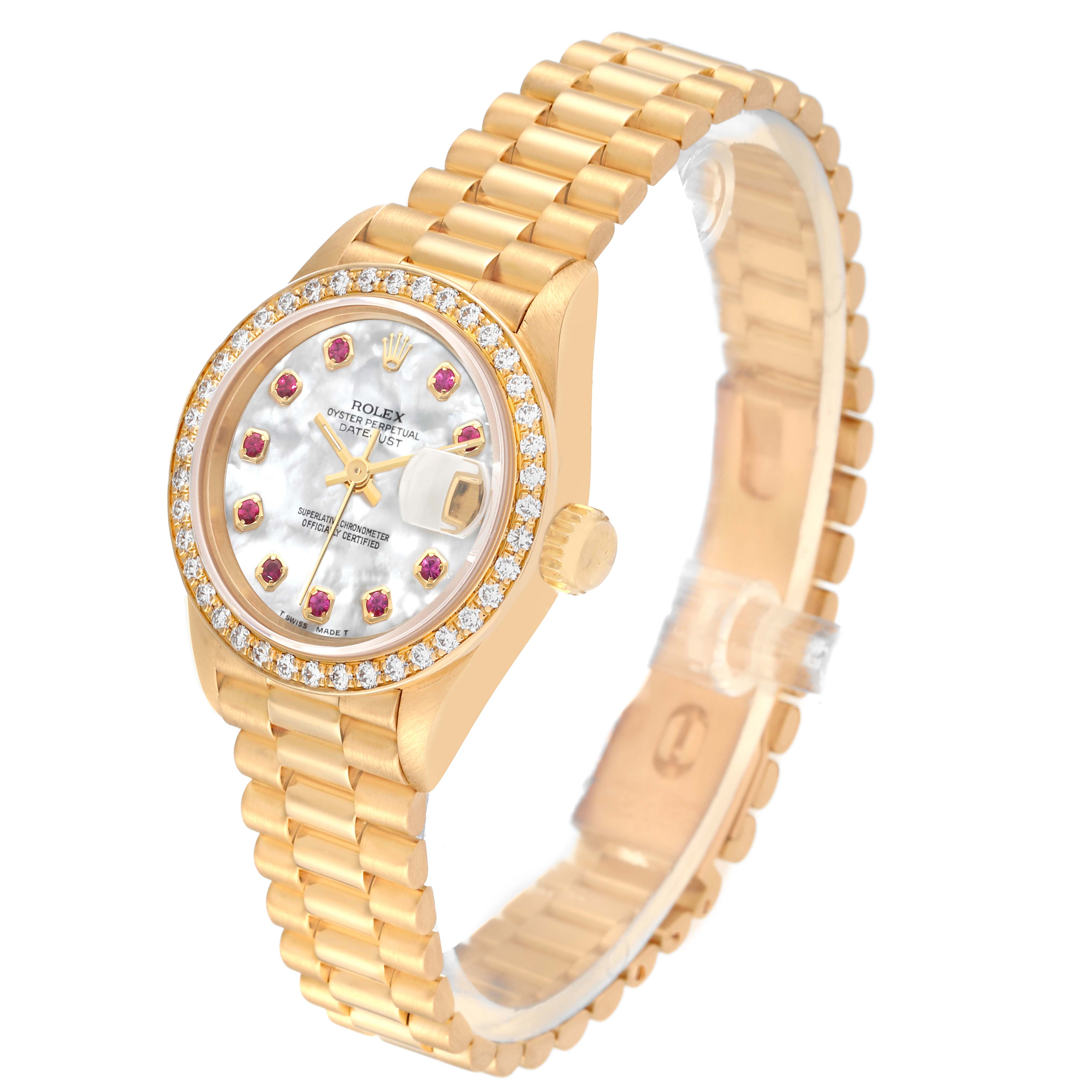 The image shows a Rolex President 69138 Women's Yellow Gold Mother of Pearl Dial 69138 Women's Yellow Gold Mother of Pearl Dial model watch at a three-quarter angle, highlighting the face, bezel, crown, and bracelet.