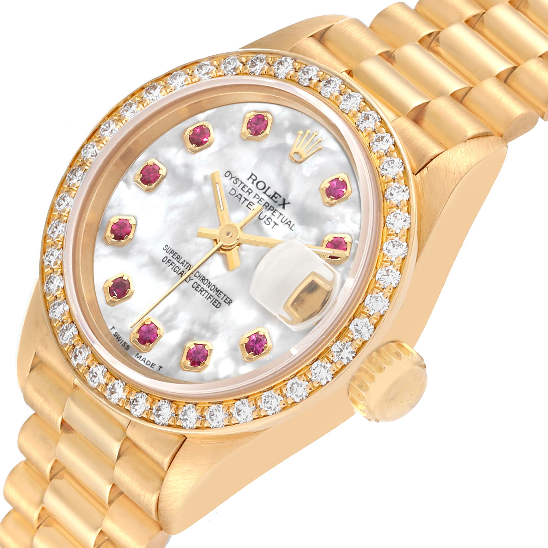 The image shows an angled view of a Rolex President 69138 Women's Yellow Gold Mother of Pearl Dial 69138 Women's Yellow Gold Mother of Pearl Dial model, highlighting its bezel, dial, hands, date window, and bracelet.