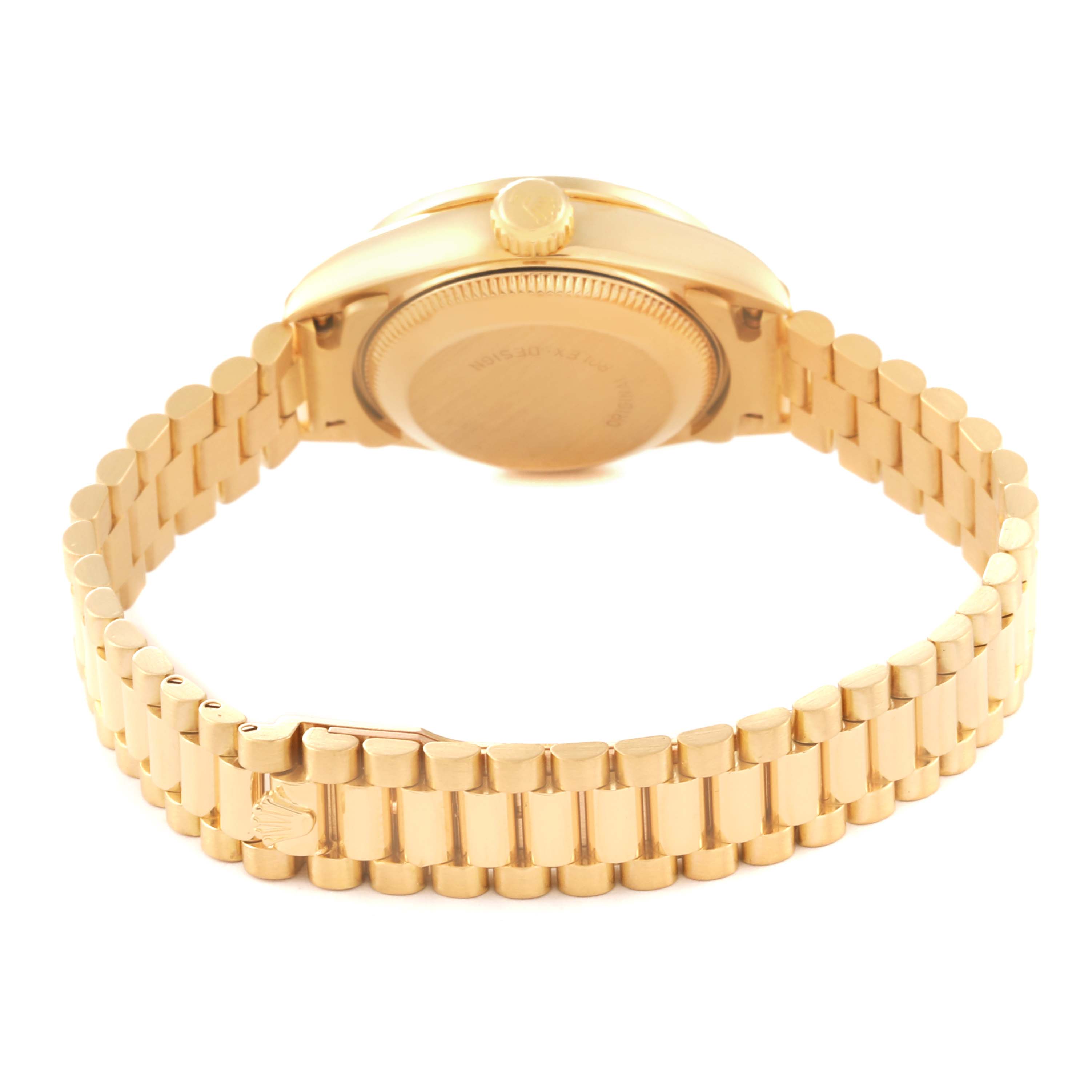 The image shows the back of a Rolex President 69138 Women's Yellow Gold Mother of Pearl Dial 69138 Women's Yellow Gold Mother of Pearl Dial model watch, highlighting the case back and bracelet.