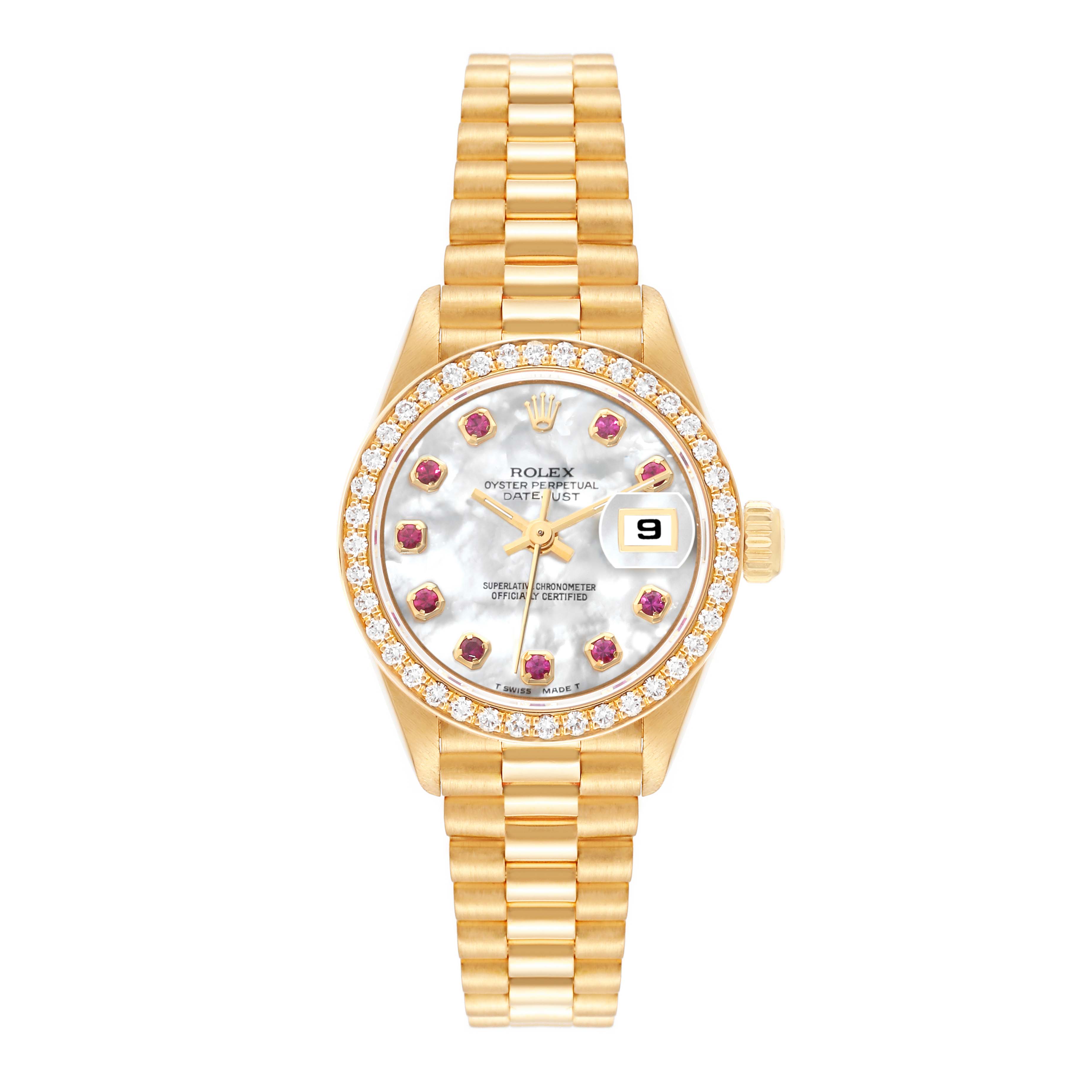 The image shows a Rolex President 69138 Women's Yellow Gold Mother of Pearl Dial 69138 Women's Yellow Gold Mother of Pearl Dial model watch from a front angle, displaying its face, bezel, dial, date window, and bracelet.