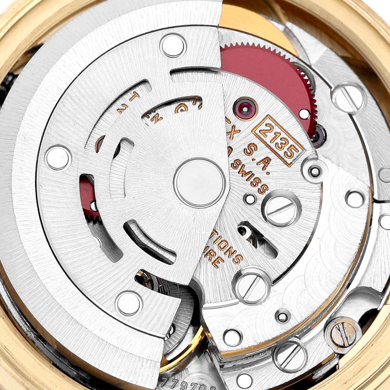 This image shows a close-up view of the internal movement of a Rolex President 69138 Women's Yellow Gold Mother of Pearl Dial 69138 Women's Yellow Gold Mother of Pearl Dial model watch.