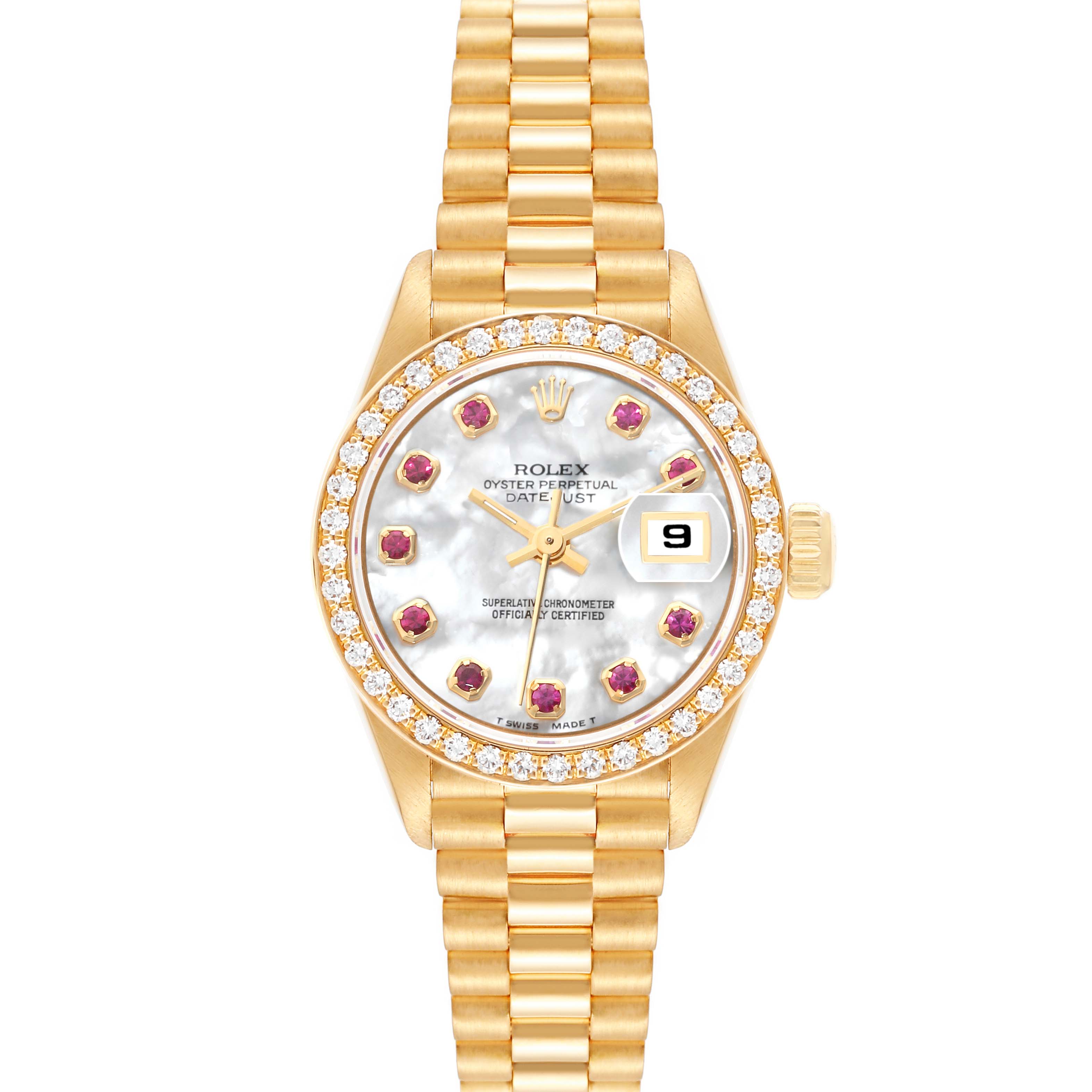 The image shows a frontal view of a Rolex President 69138 Women's Yellow Gold Mother of Pearl Dial 69138 Women's Yellow Gold Mother of Pearl Dial model watch, featuring the dial, bezel, and full bracelet.