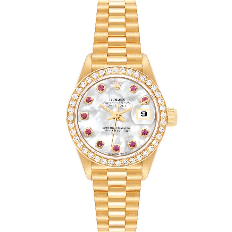 Rolex President Yellow Gold Mother Of Pearl Ruby Dial Diamond Ladies Watch 69138 Box Papers SwissWatchExpo