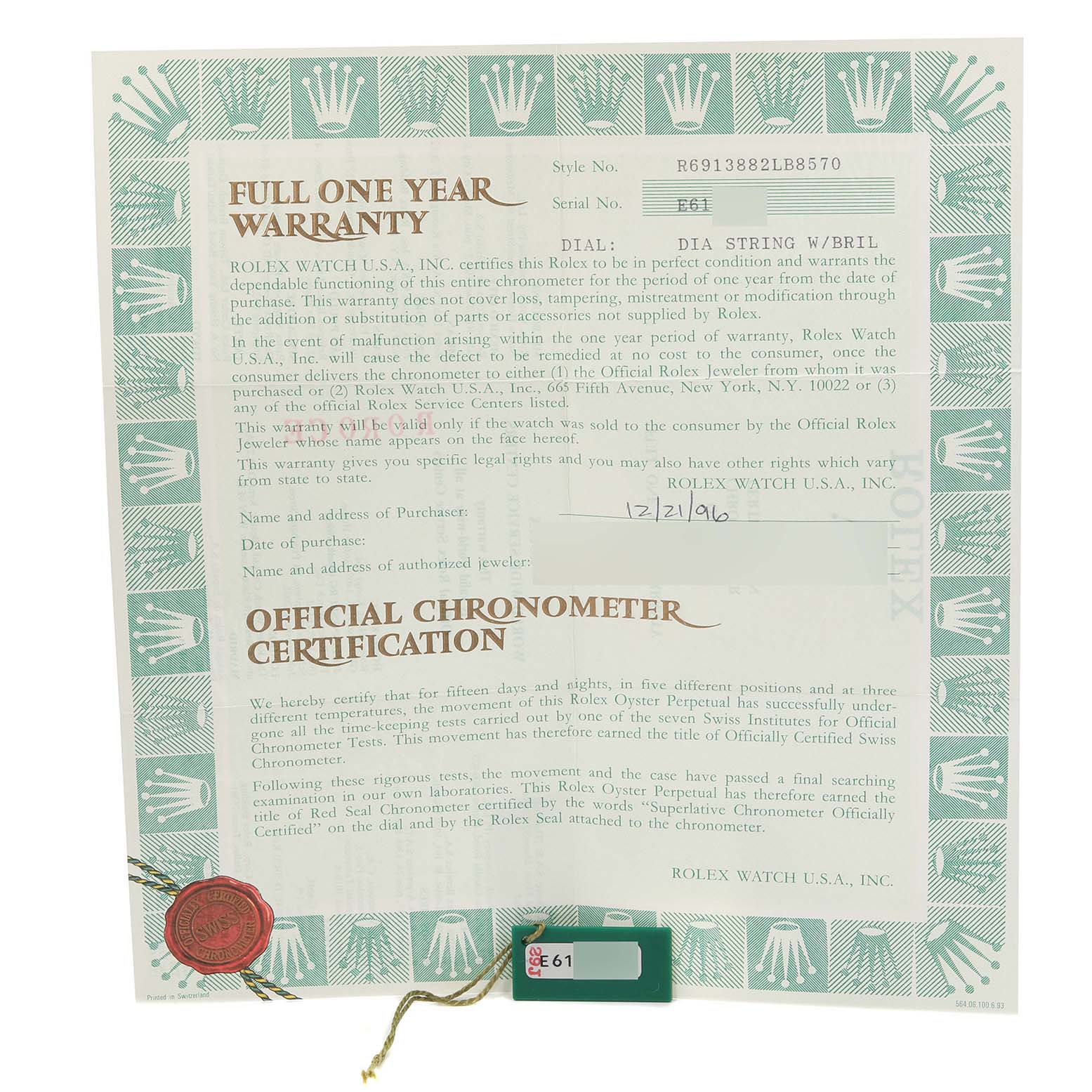 The image shows a warranty and chronometer certification for a Rolex President 69138 Women's Yellow Gold Mother of Pearl Dial 69138 Women's Yellow Gold Mother of Pearl Dial model watch.