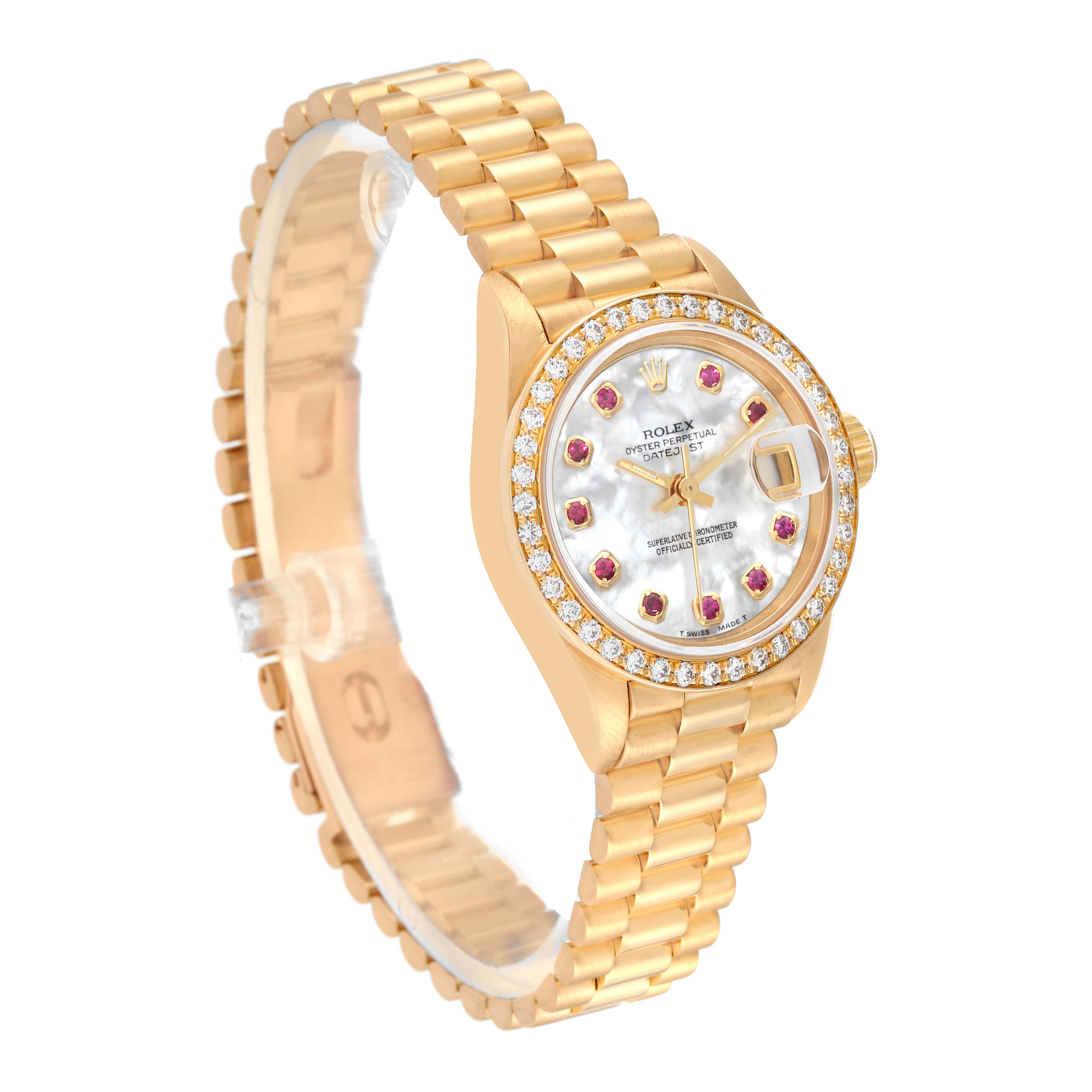 This image shows a Rolex President 69138 Women's Yellow Gold Mother of Pearl Dial 69138 Women's Yellow Gold Mother of Pearl Dial model watch at an angle, highlighting its bracelet, bezel, dial, and crown.