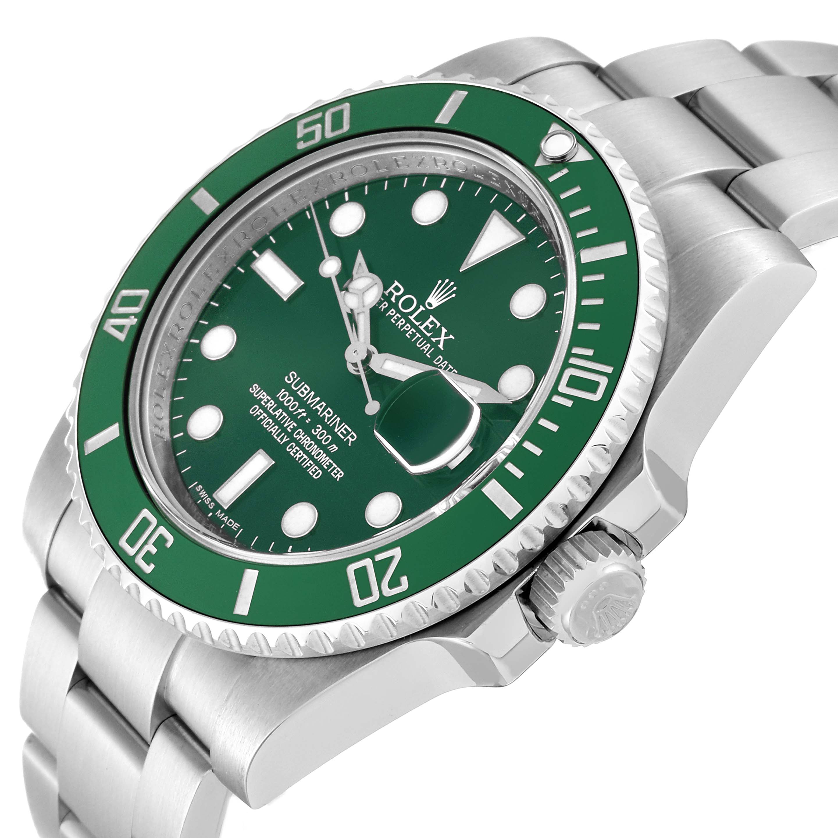 The Rolex Submariner 116610LV Men's Stainless Steel Green Dial 116610LV Men's Stainless Steel Green Dial watch is shown at an angled side view, highlighting the green bezel, dial, crown, and part of the bracelet.
