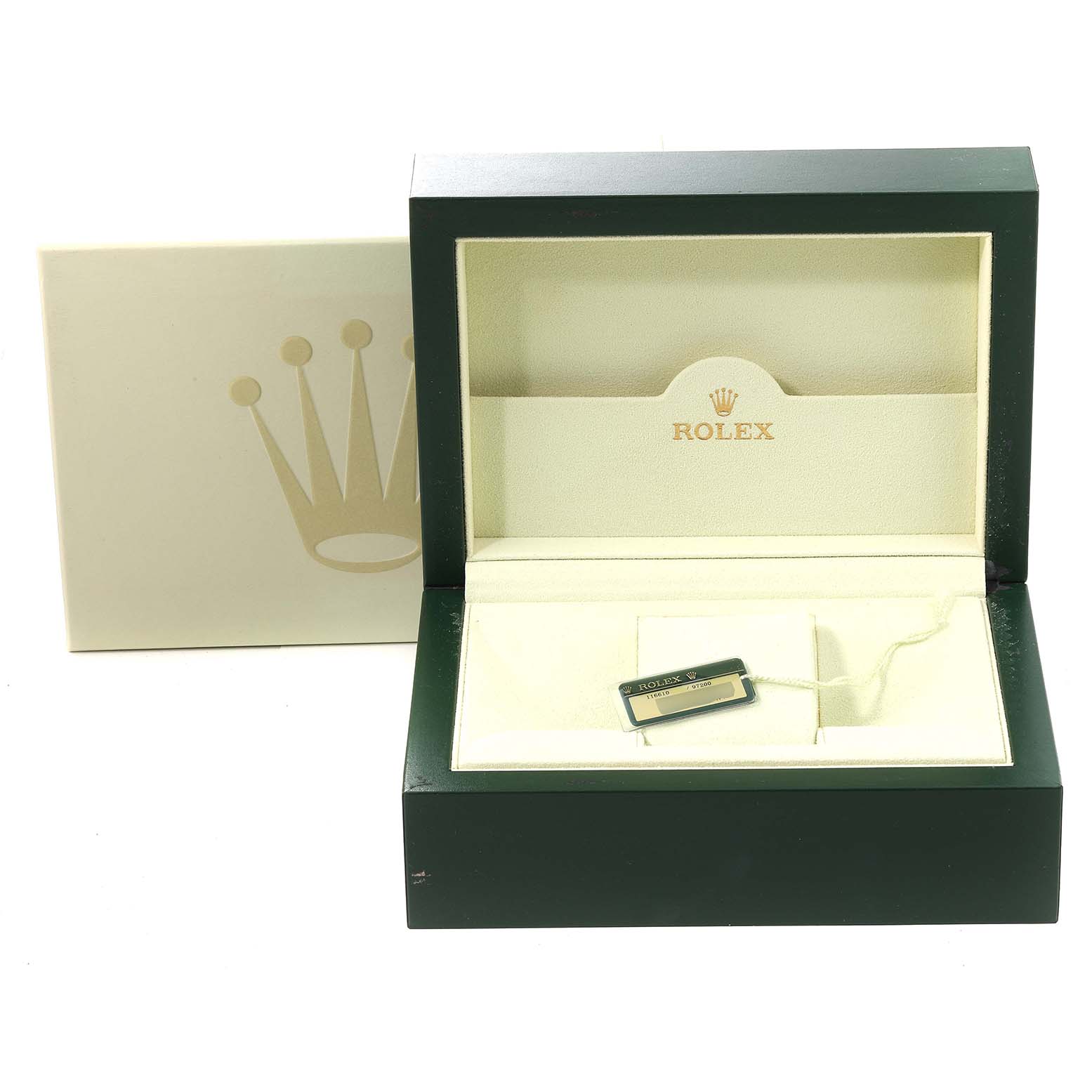 The image shows an open Rolex Submariner 116610LV Men's Stainless Steel Green Dial 116610LV Men's Stainless Steel Green Dial box and an authenticity tag, with an outer case also visible.