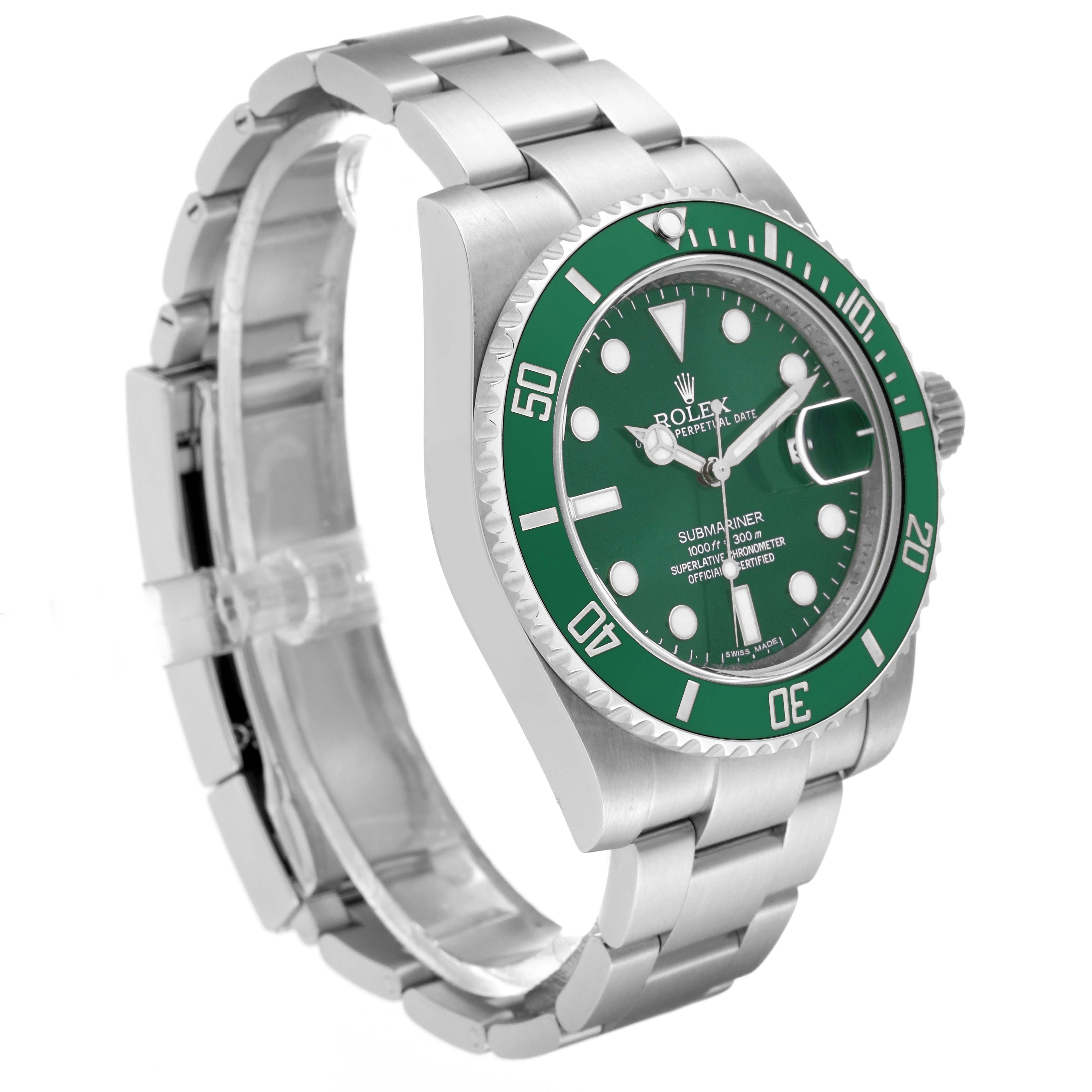 This image shows a side and front angle of the Rolex Submariner 116610LV Men's Stainless Steel Green Dial 116610LV Men's Stainless Steel Green Dial watch, highlighting its green bezel, dial, and metal bracelet.