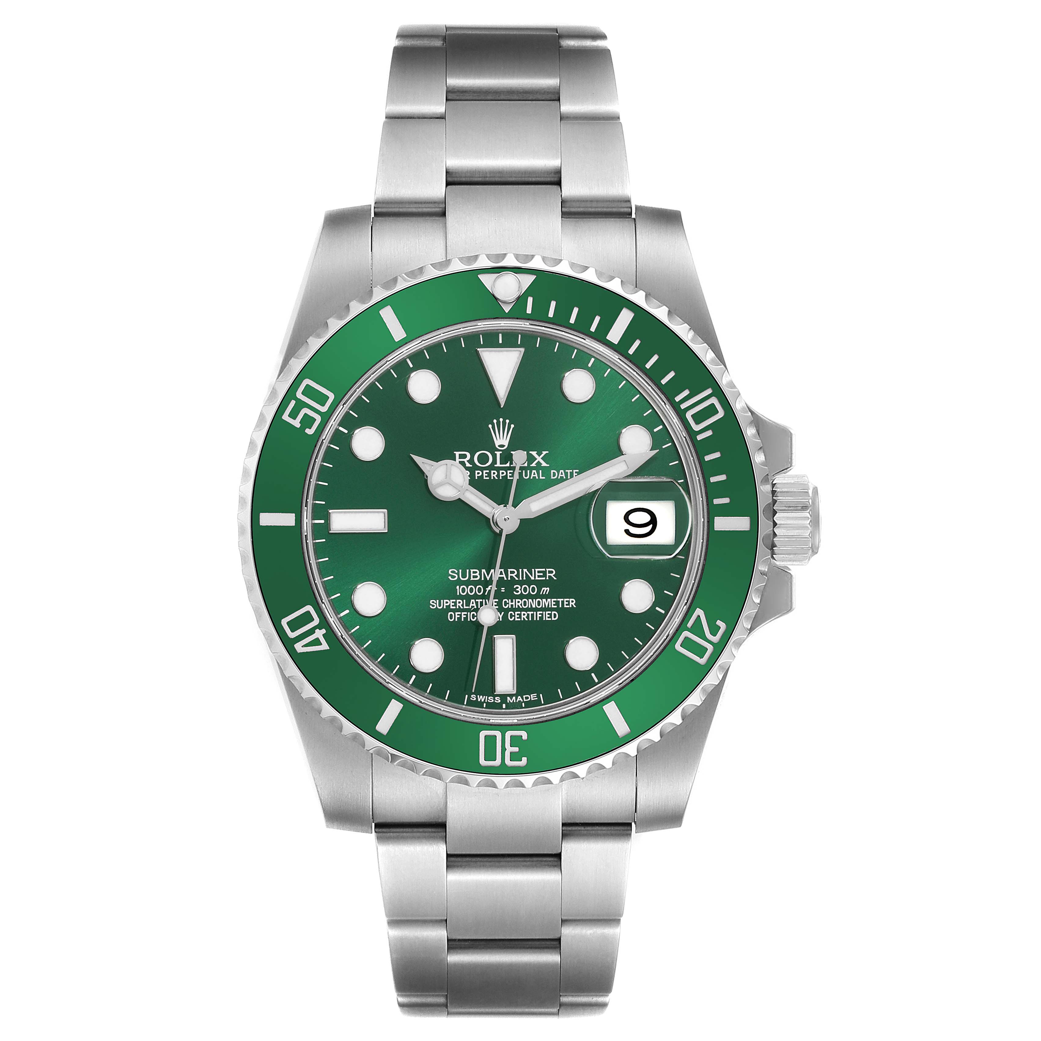 This Rolex Submariner 116610LV Men's Stainless Steel Green Dial 116610LV Men's Stainless Steel Green Dial watch is shown from the front, displaying the face, bezel, hands, bracelet, and date window.