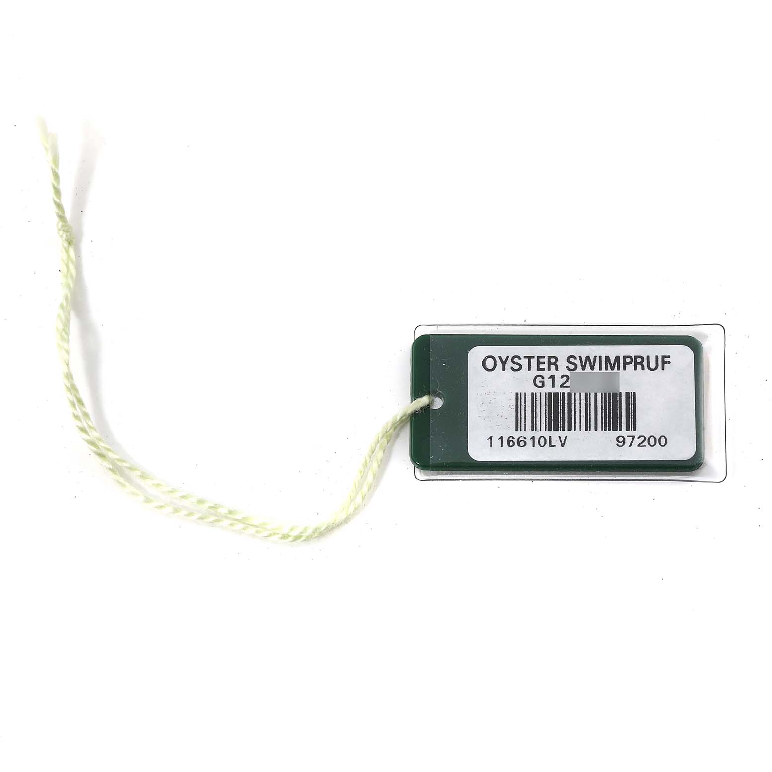 This image shows a warranty tag for a Rolex Submariner 116610LV Men's Stainless Steel Green Dial 116610LV Men's Stainless Steel Green Dial model, marked with "Oyster Swimpruf" and tied with a string.