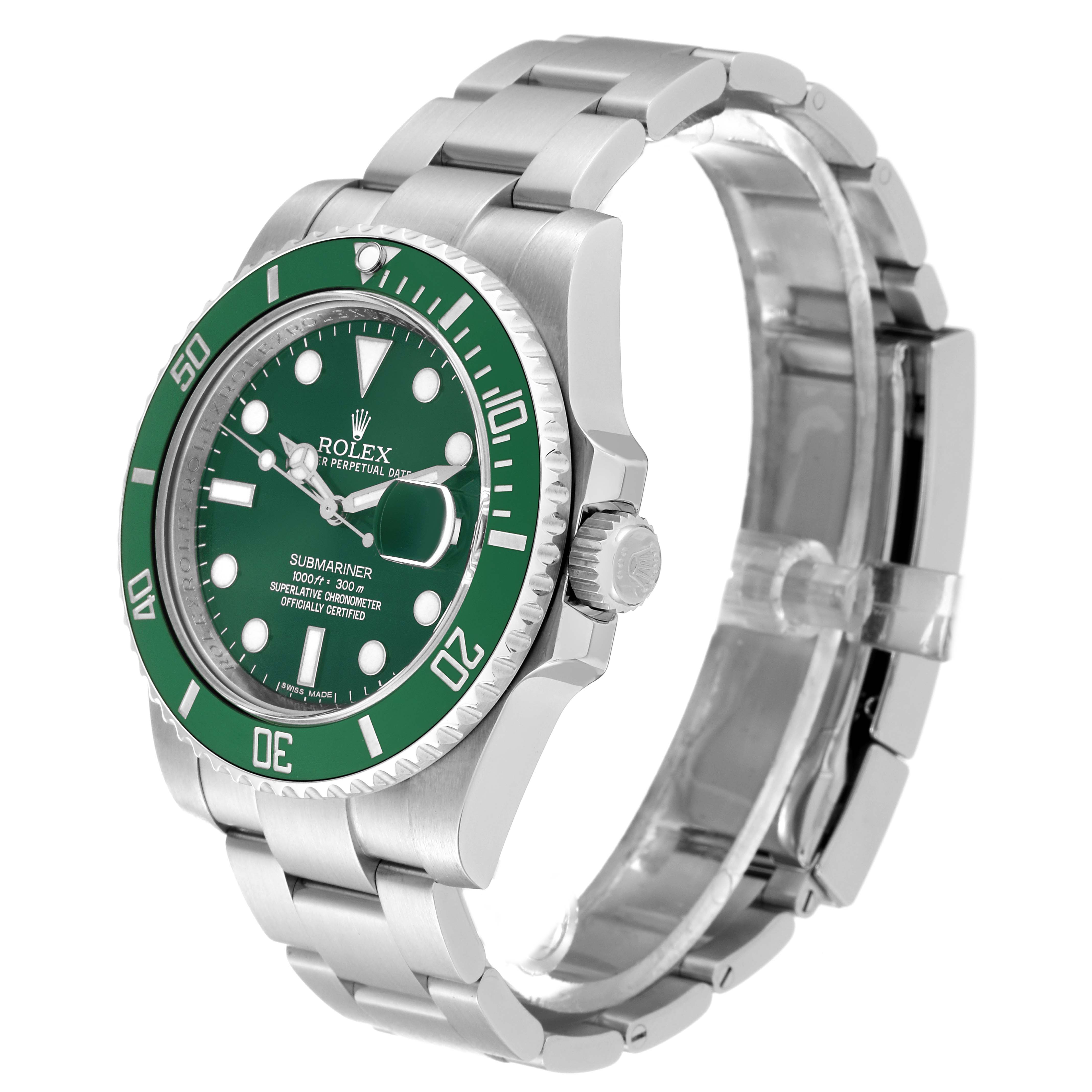 This image shows a Rolex Submariner 116610LV Men's Stainless Steel Green Dial 116610LV Men's Stainless Steel Green Dial watch angled to display the face, bezel, crown, and part of the bracelet.