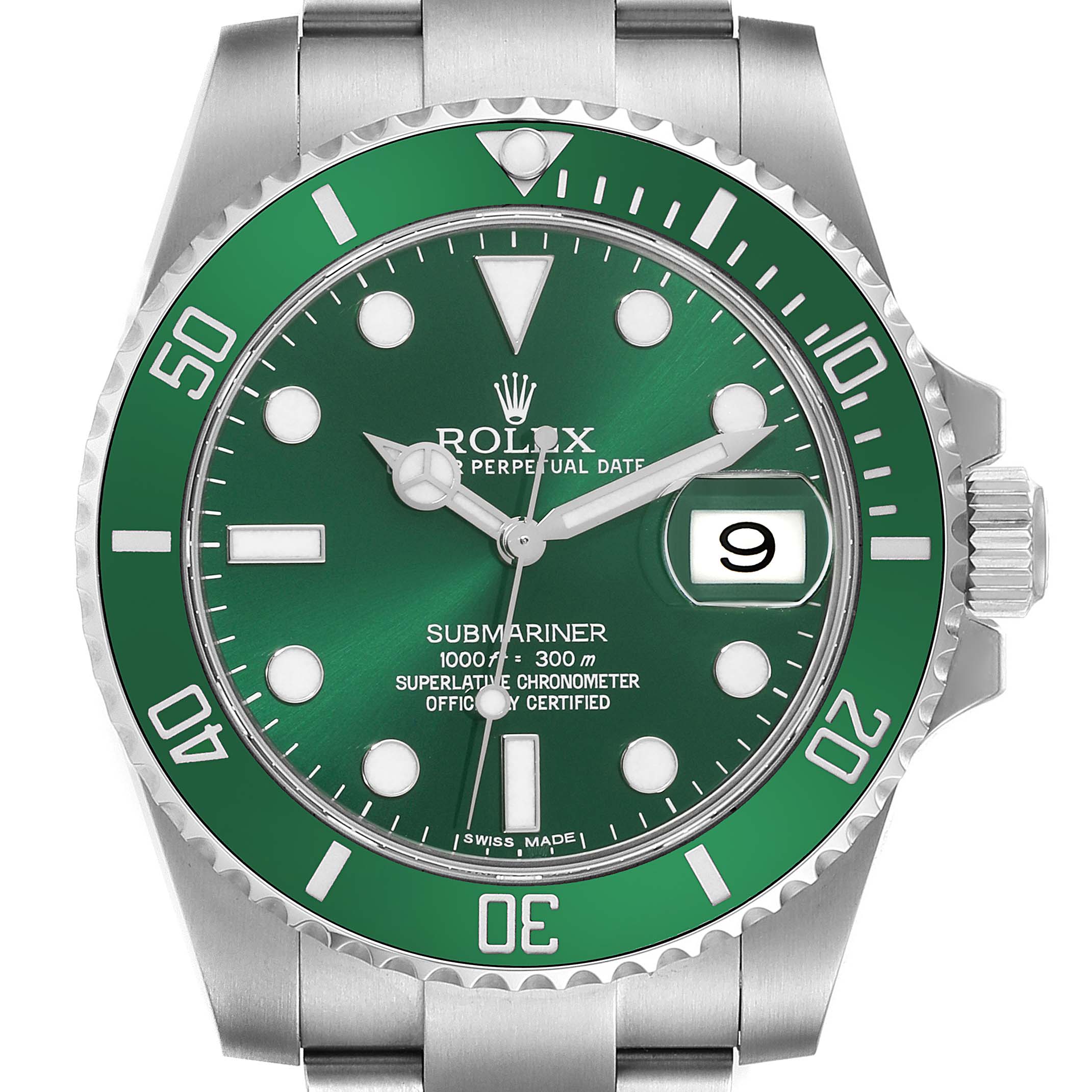 This Rolex Submariner 116610LV Men's Stainless Steel Green Dial 116610LV Men's Stainless Steel Green Dial watch is shown from a front angle, displaying its green dial, green bezel, date window, and metal bracelet.