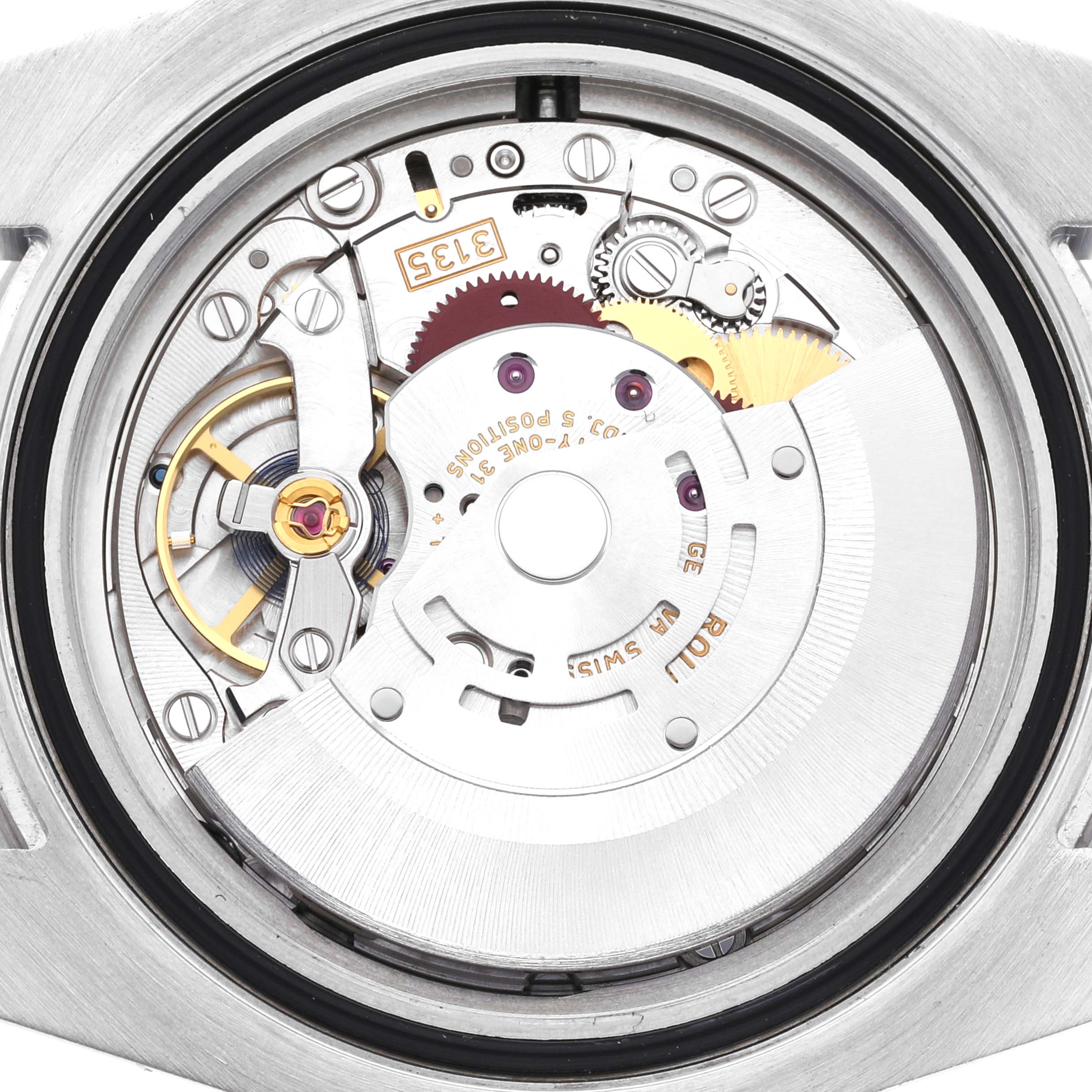 This image shows a close-up of the movement of the Rolex Submariner 116610LV Men's Stainless Steel Green Dial 116610LV Men's Stainless Steel Green Dial watch from the back.