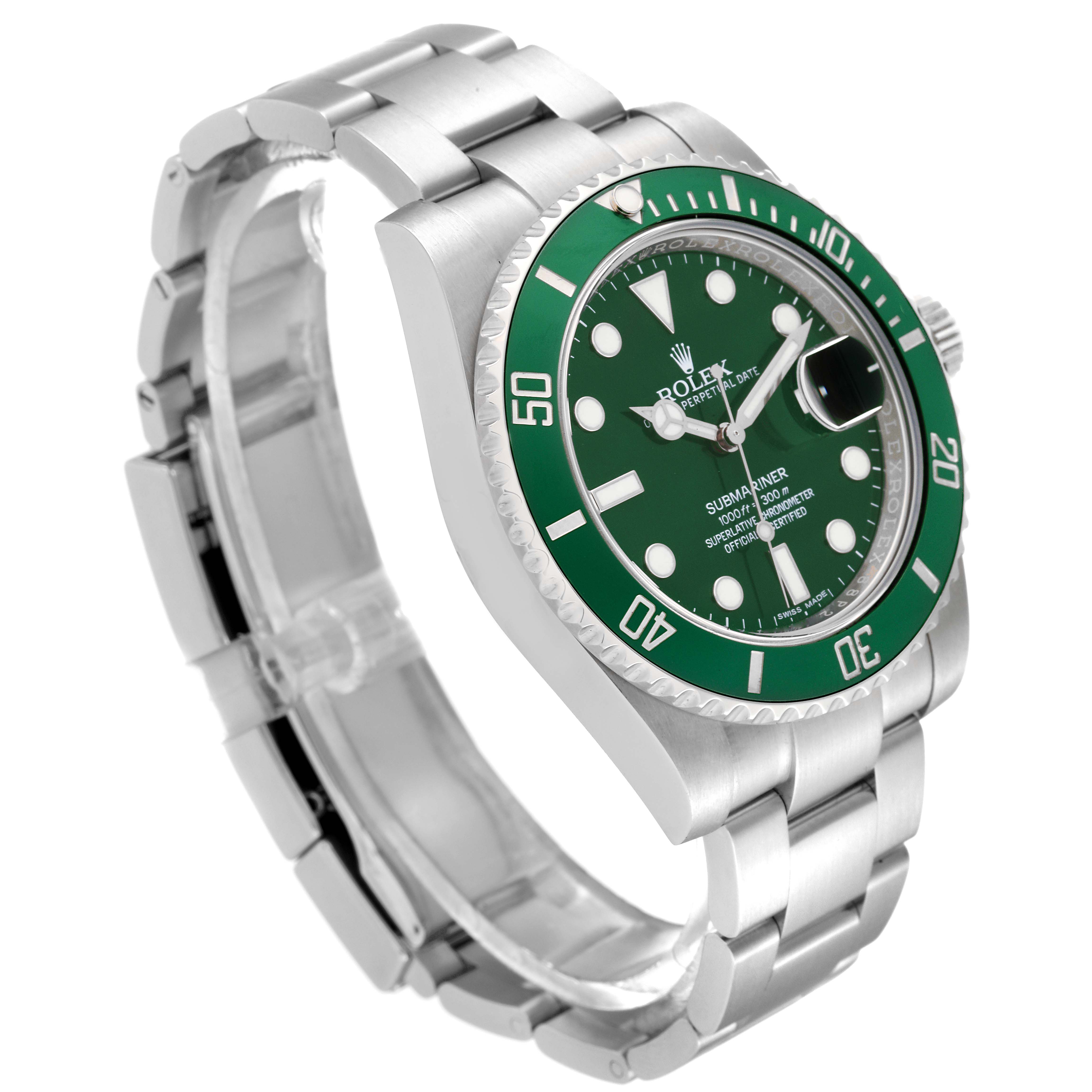 The image shows a Rolex Submariner 116610LV Men's Stainless Steel Green Dial 116610LV Men's Stainless Steel Green Dial watch from a tilted side angle, highlighting its green bezel and dial, bracelet, and crown.