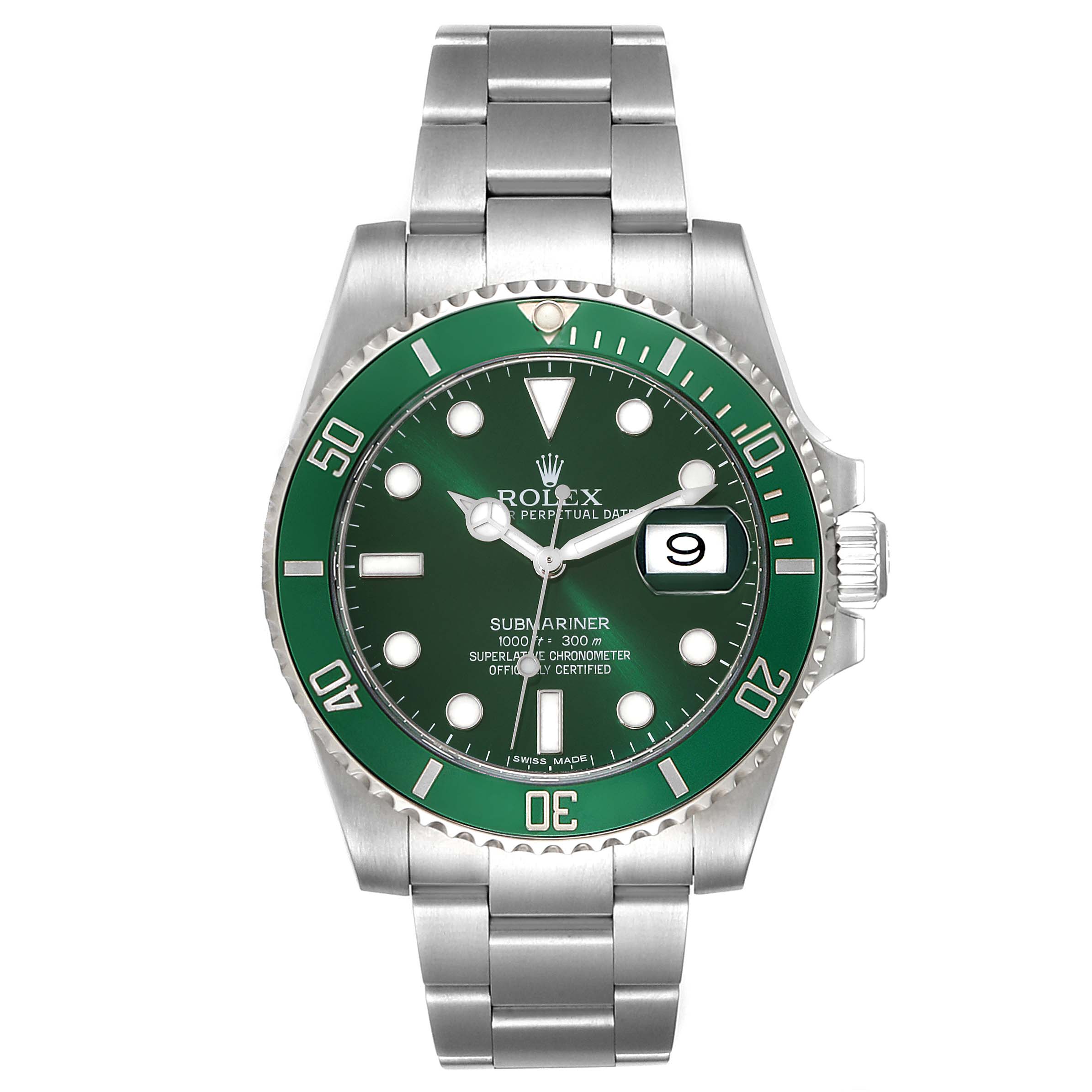 The image shows a front view of a Rolex Submariner 116610LV Men's Stainless Steel Green Dial 116610LV Men's Stainless Steel Green Dial watch, highlighting its green dial, bezel, and stainless steel bracelet.