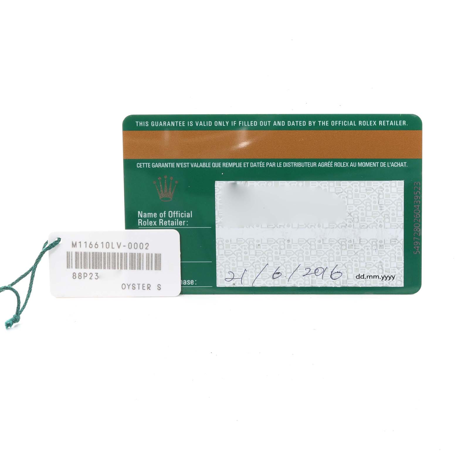 The image shows the warranty card and tag of a Rolex Submariner 116610LV Men's Stainless Steel Green Dial 116610LV Men's Stainless Steel Green Dial watch, with model number M116610LV-0002.