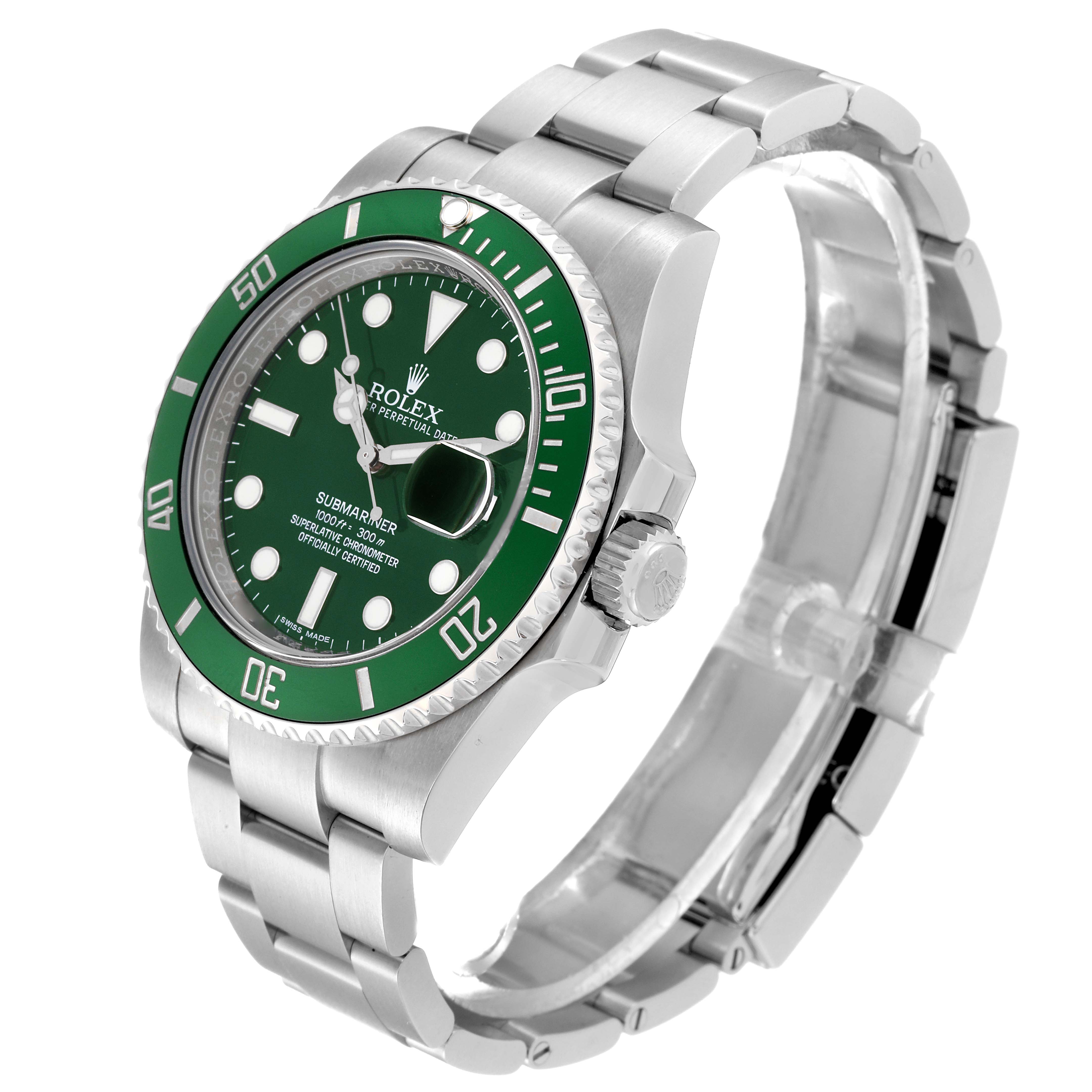 The image shows a Rolex Submariner 116610LV Men's Stainless Steel Green Dial 116610LV Men's Stainless Steel Green Dial watch at a three-quarter angle, highlighting its green bezel, dial, and stainless steel bracelet.