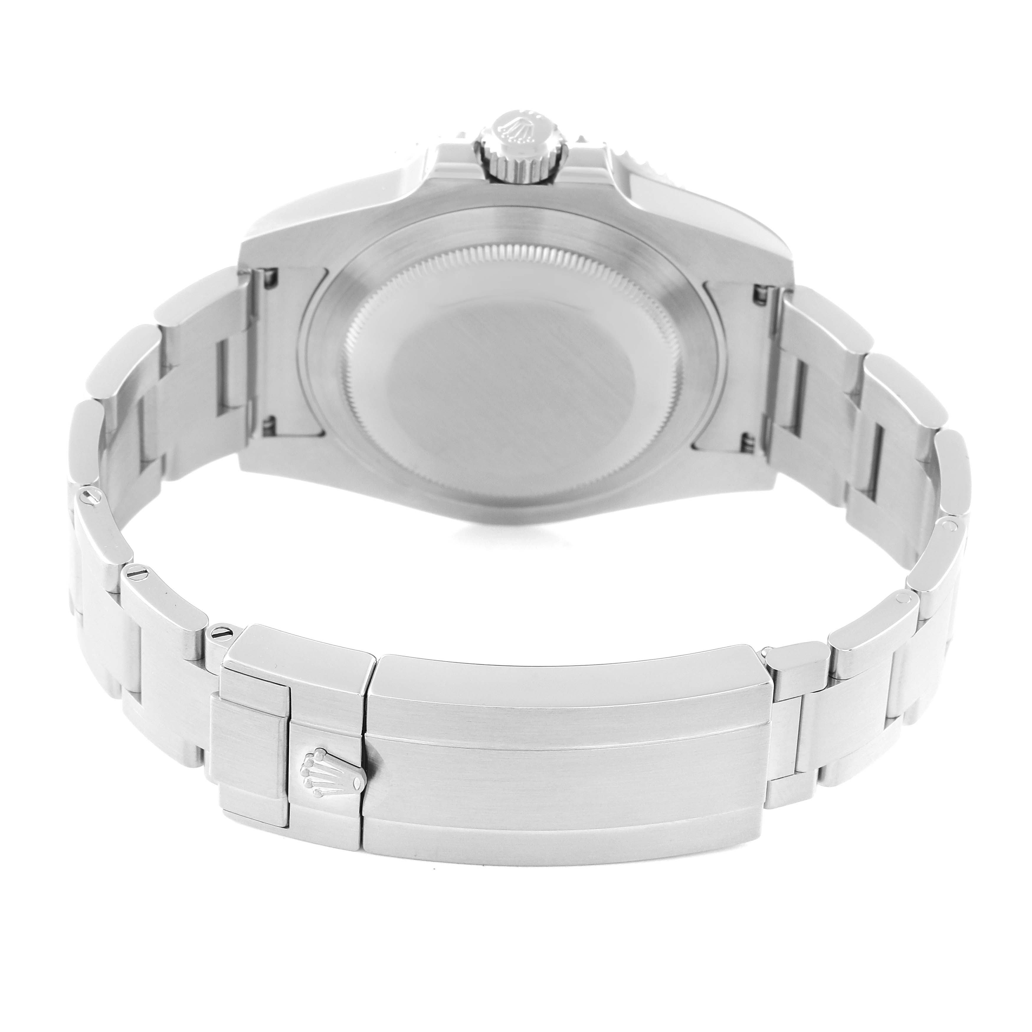 The image shows the back of a Rolex Submariner 116610LV Men's Stainless Steel Green Dial 116610LV Men's Stainless Steel Green Dial watch, featuring the case back and bracelet with the clasp.