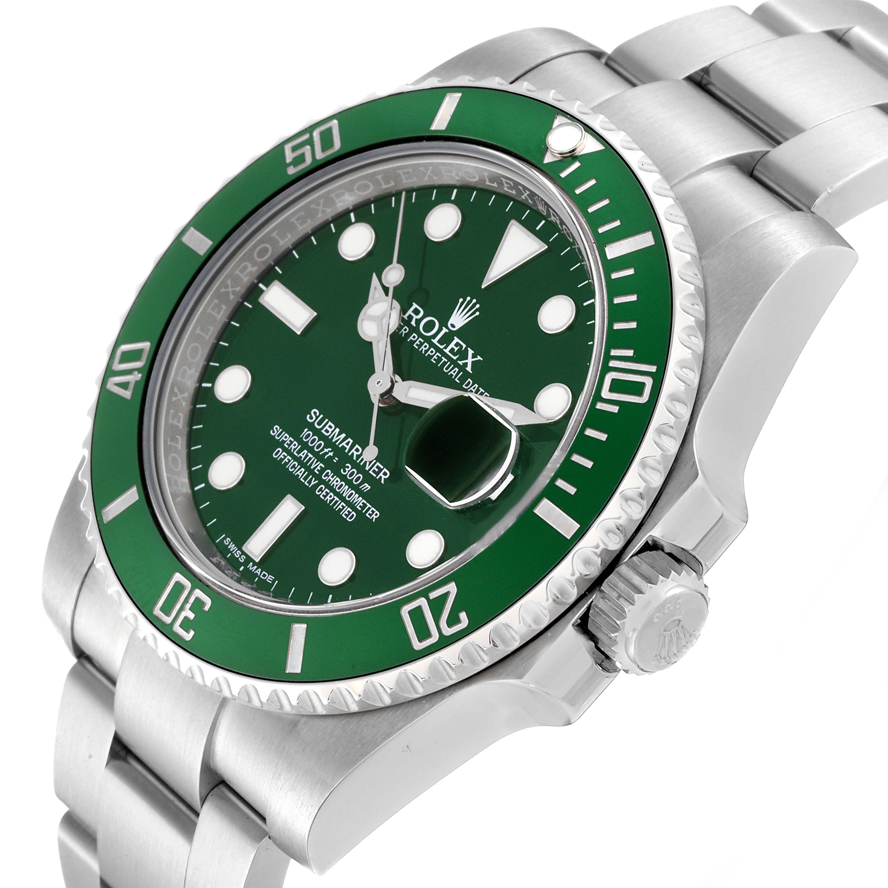 The image shows a Rolex Submariner 116610LV Men's Stainless Steel Green Dial 116610LV Men's Stainless Steel Green Dial watch angled from the front-right, highlighting the green dial, bezel, and crown.
