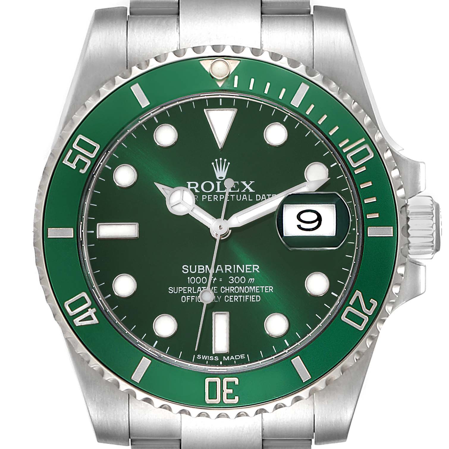 This image shows a front angle of the Rolex Submariner 116610LV Men's Stainless Steel Green Dial 116610LV Men's Stainless Steel Green Dial watch, highlighting its green dial, bezel, and date window.