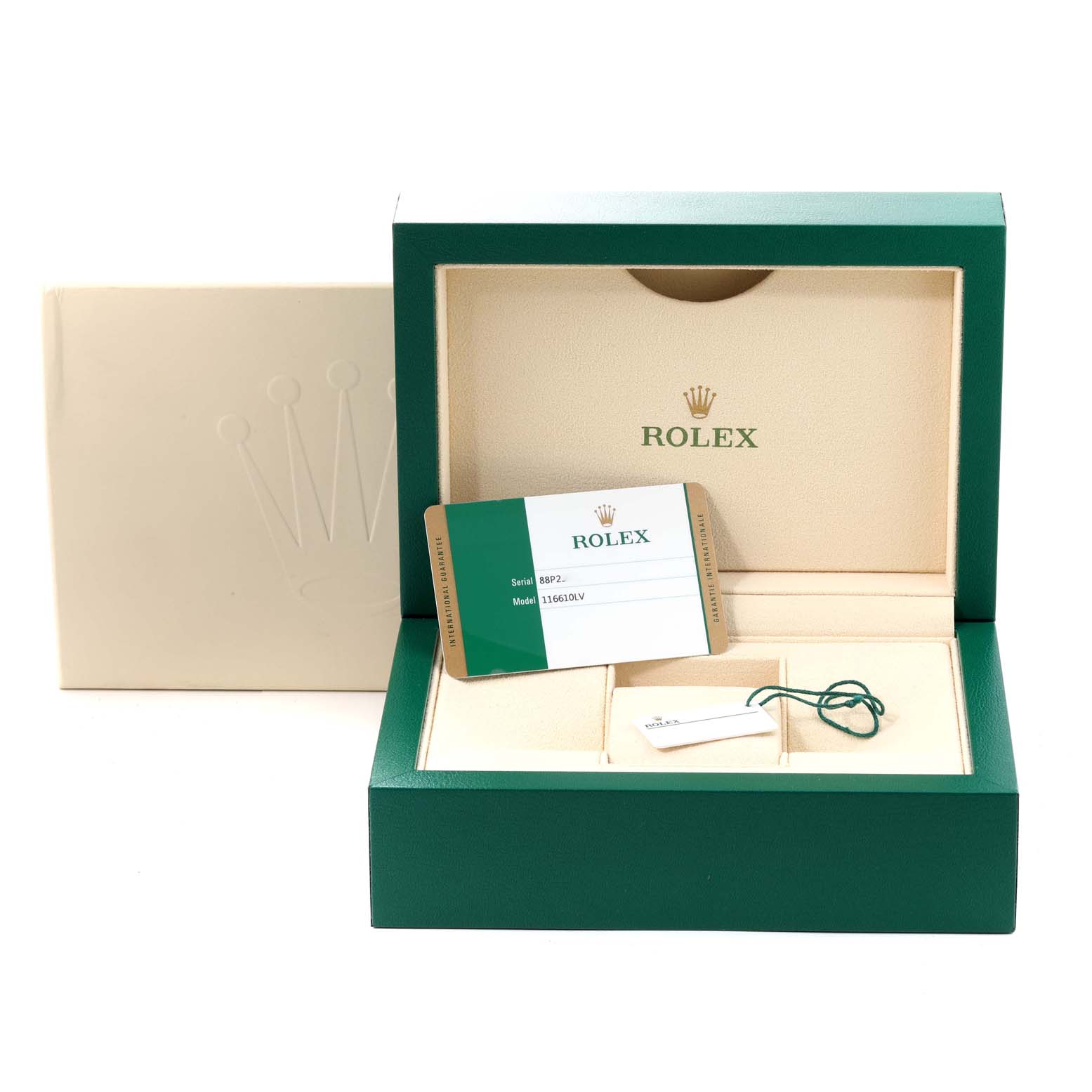 The image shows the packaging, warranty card, and tags for a Rolex Submariner 116610LV Men's Stainless Steel Green Dial 116610LV Men's Stainless Steel Green Dial watch.