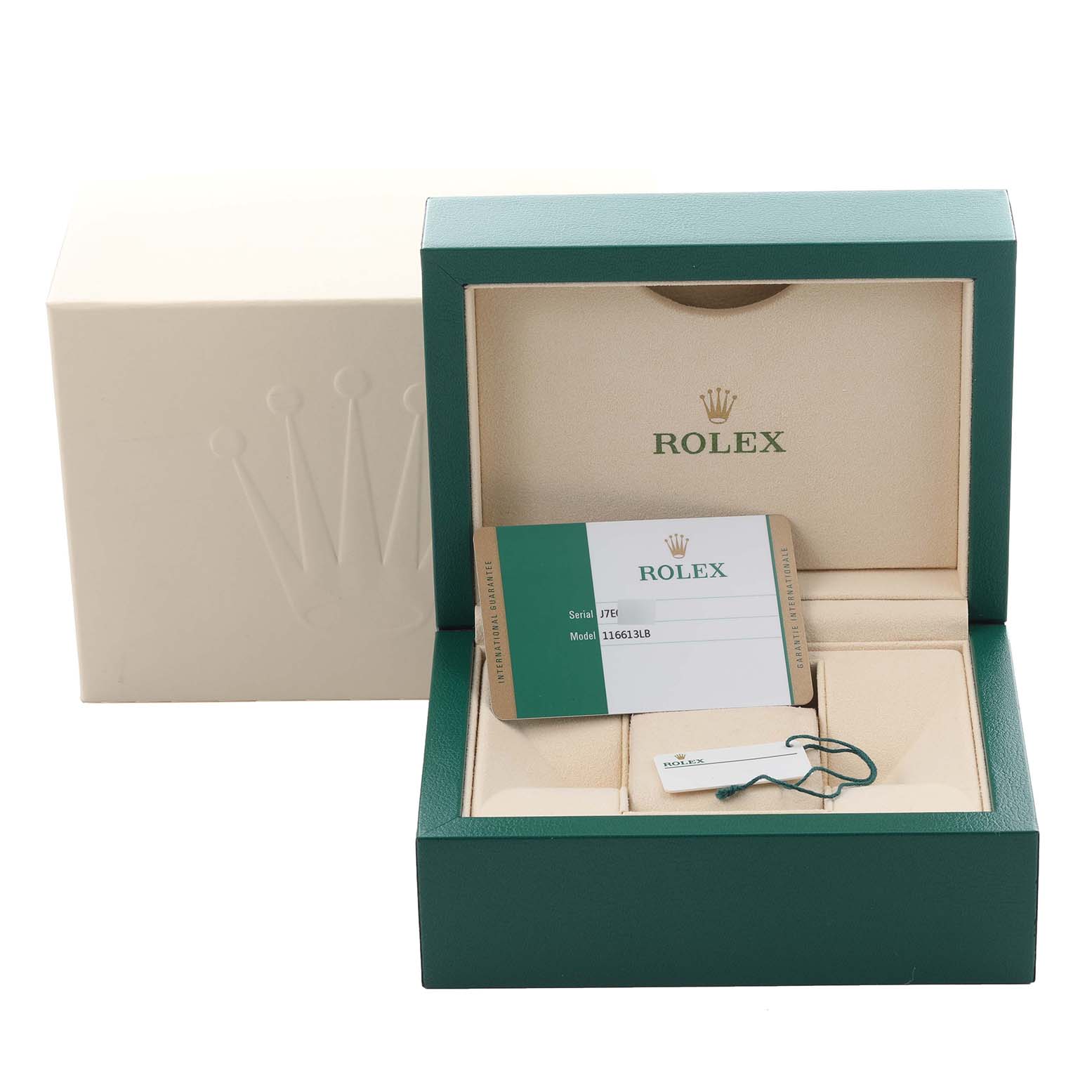 The image shows the open box and accessories of a Rolex Submariner 116613LB Men's Steel and Gold (two tone) Blue Dial 116613LB Men's Steel and Gold (two tone) Blue Dial, including a card and tag, viewed from the front.