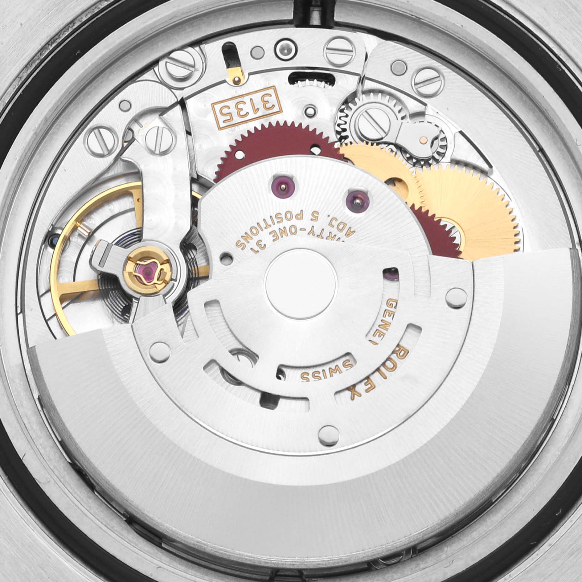 The image shows the internal movement of a Rolex Submariner 116613LB Men's Steel and Gold (two tone) Blue Dial 116613LB Men's Steel and Gold (two tone) Blue Dial watch, highlighting gears and mechanical components.