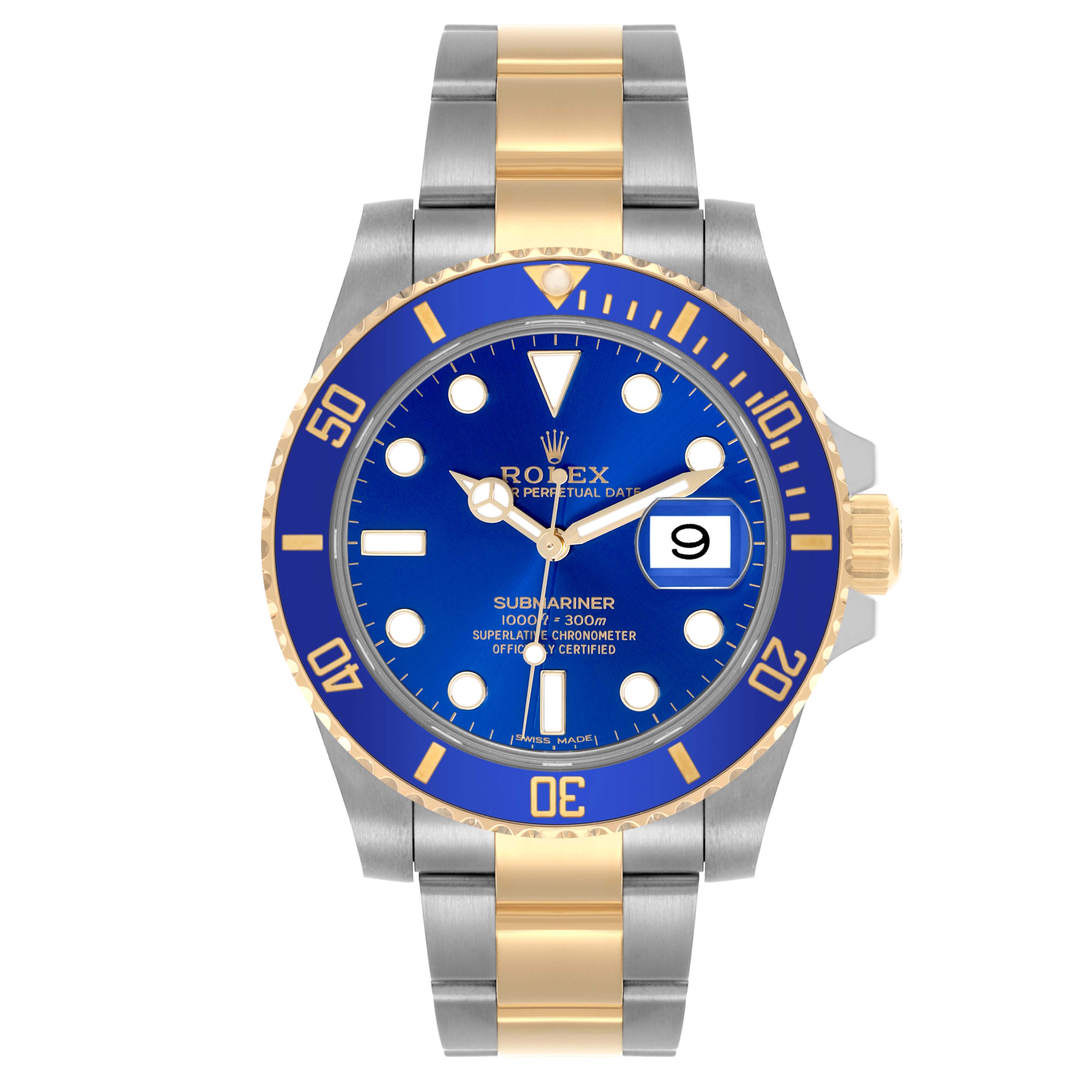 The Rolex Submariner 116613LB Men's Steel and Gold (two tone) Blue Dial 116613LB Men's Steel and Gold (two tone) Blue Dial watch is shown from the front, featuring its blue dial, gold accents, and stainless steel bracelet.
