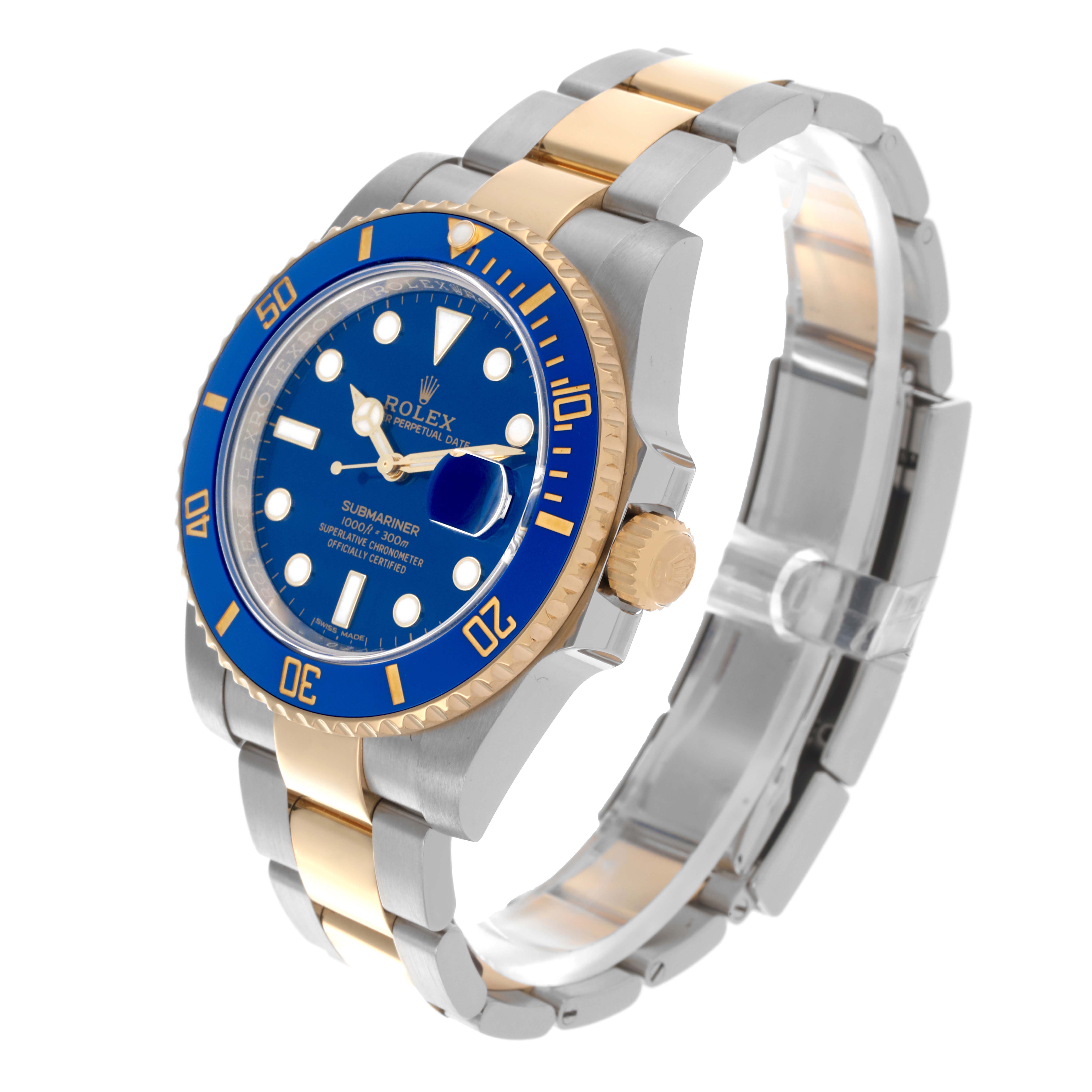 The Rolex Submariner 116613LB Men's Steel and Gold (two tone) Blue Dial 116613LB Men's Steel and Gold (two tone) Blue Dial watch is shown at a three-quarter angle, displaying the bezel, dial, crown, and bracelet.