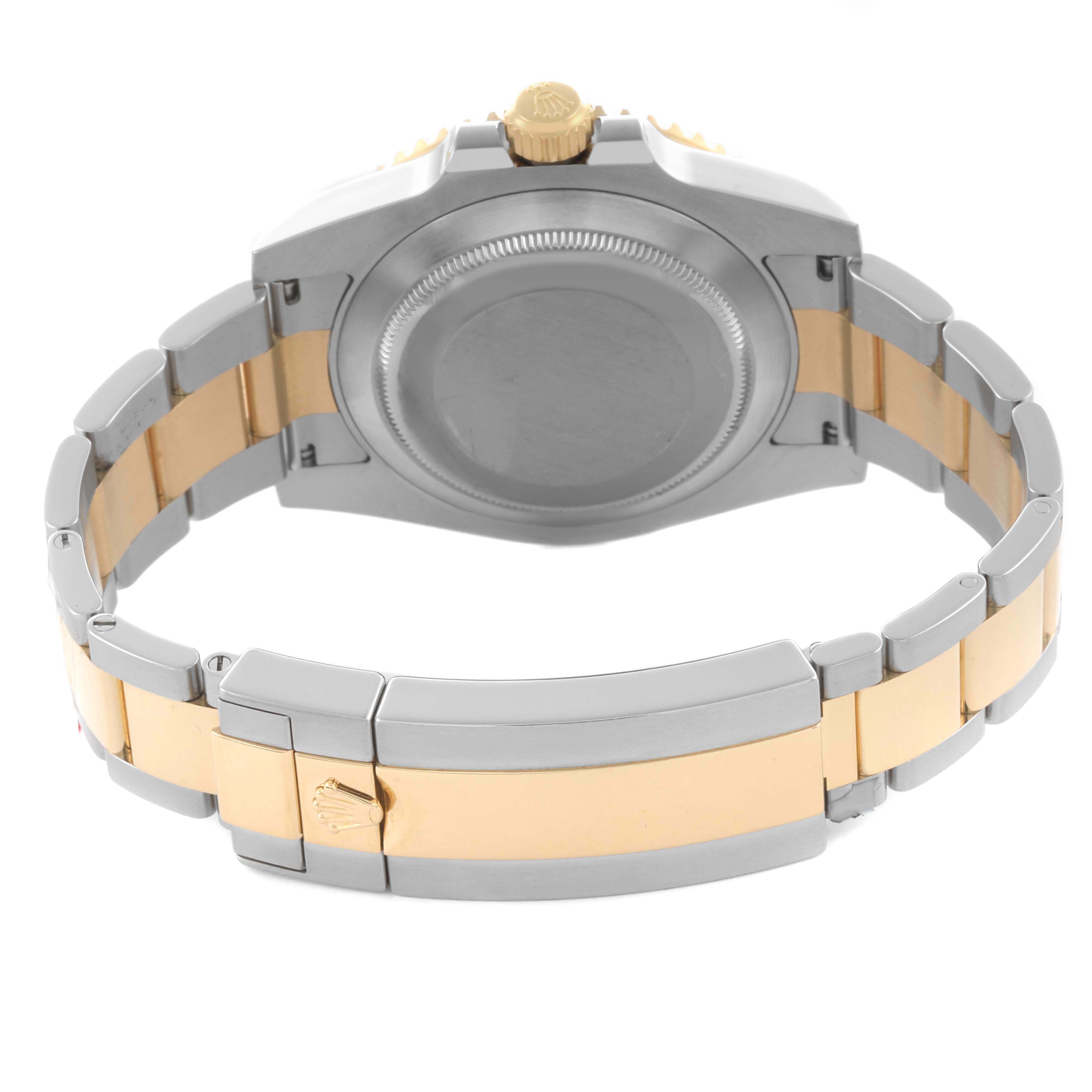 The image shows the back and bracelet of a Rolex Submariner 116613LB Men's Steel and Gold (two tone) Blue Dial 116613LB Men's Steel and Gold (two tone) Blue Dial, highlighting the clasp and two-tone metal.