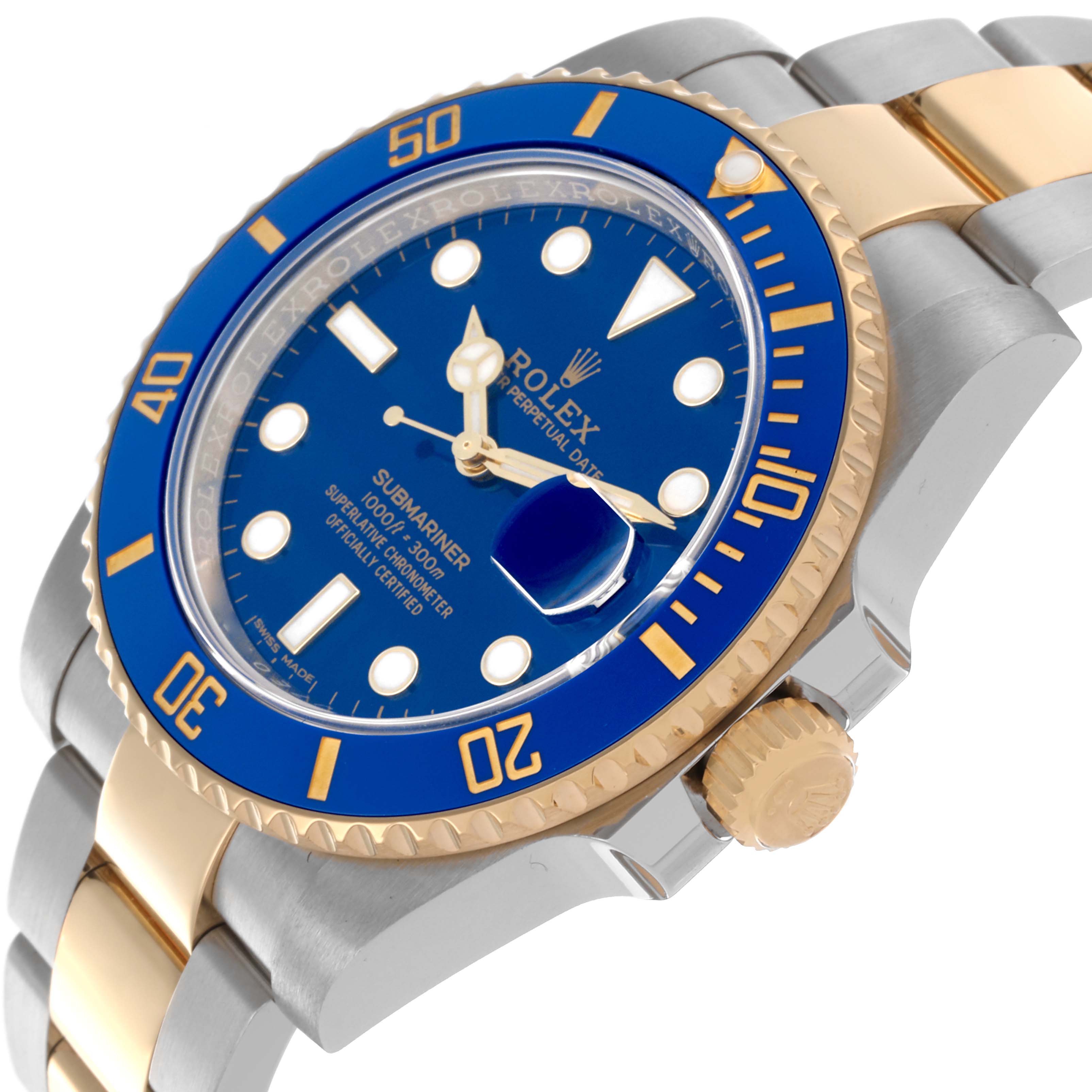 The Rolex Submariner 116613LB Men's Steel and Gold (two tone) Blue Dial 116613LB Men's Steel and Gold (two tone) Blue Dial watch is shown at an angled side view, highlighting the blue bezel, crown, and two-tone bracelet.