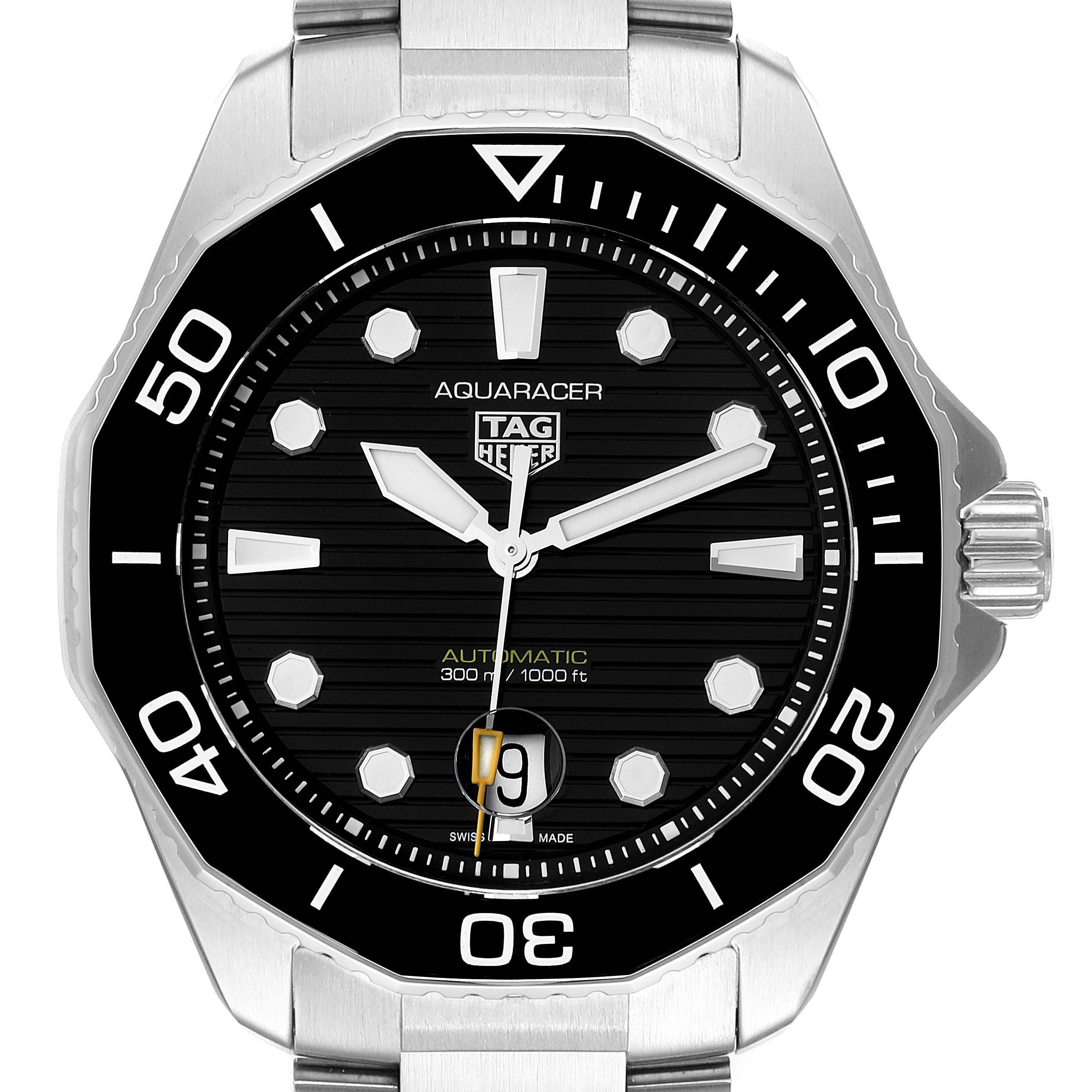 The image shows a front view of the Tag Heuer Aquaracer WBP201A.BA0632 Men's Stainless Steel Black Dial WBP201A.BA0632 Men's Stainless Steel Black Dial watch, highlighting its dial, bezel, and part of the bracelet.