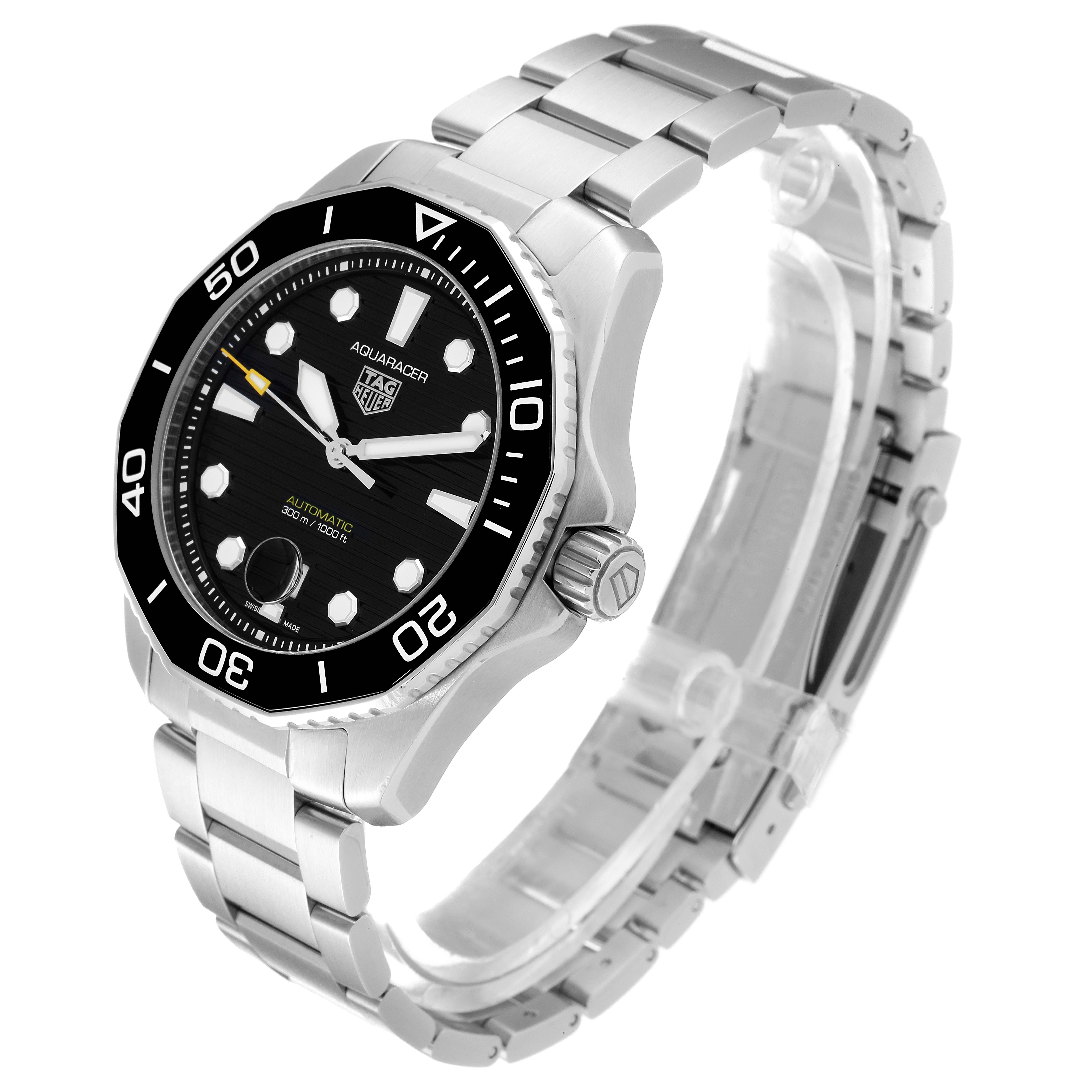 The image shows a side angle view of a Tag Heuer Aquaracer WBP201A.BA0632 Men's Stainless Steel Black Dial WBP201A.BA0632 Men's Stainless Steel Black Dial watch with a visible stainless steel bracelet, bezel, and crown.
