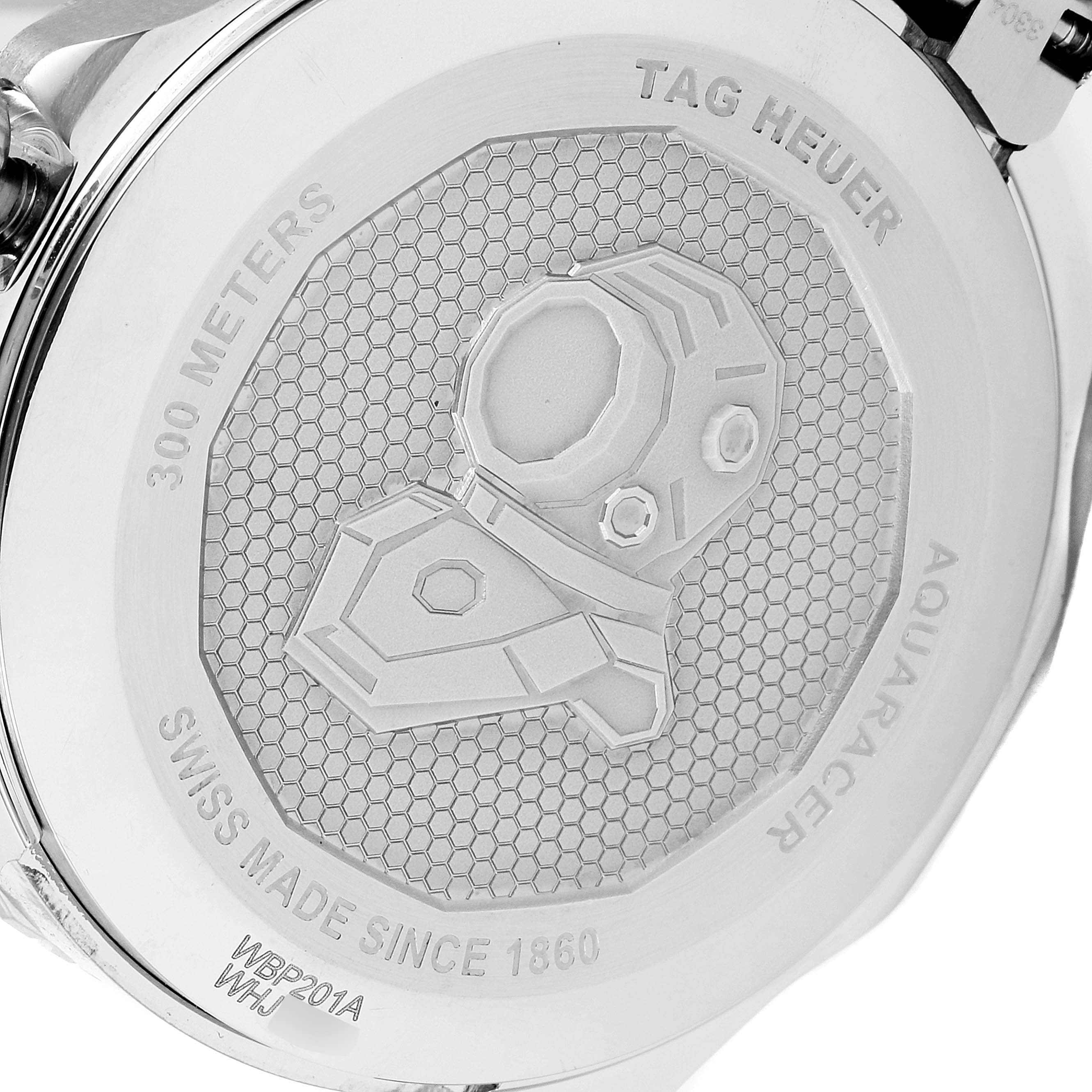 The image shows the back case of a Tag Heuer Aquaracer WBP201A.BA0632 Men's Stainless Steel Black Dial WBP201A.BA0632 Men's Stainless Steel Black Dial watch, highlighting its engraved details and specifications.