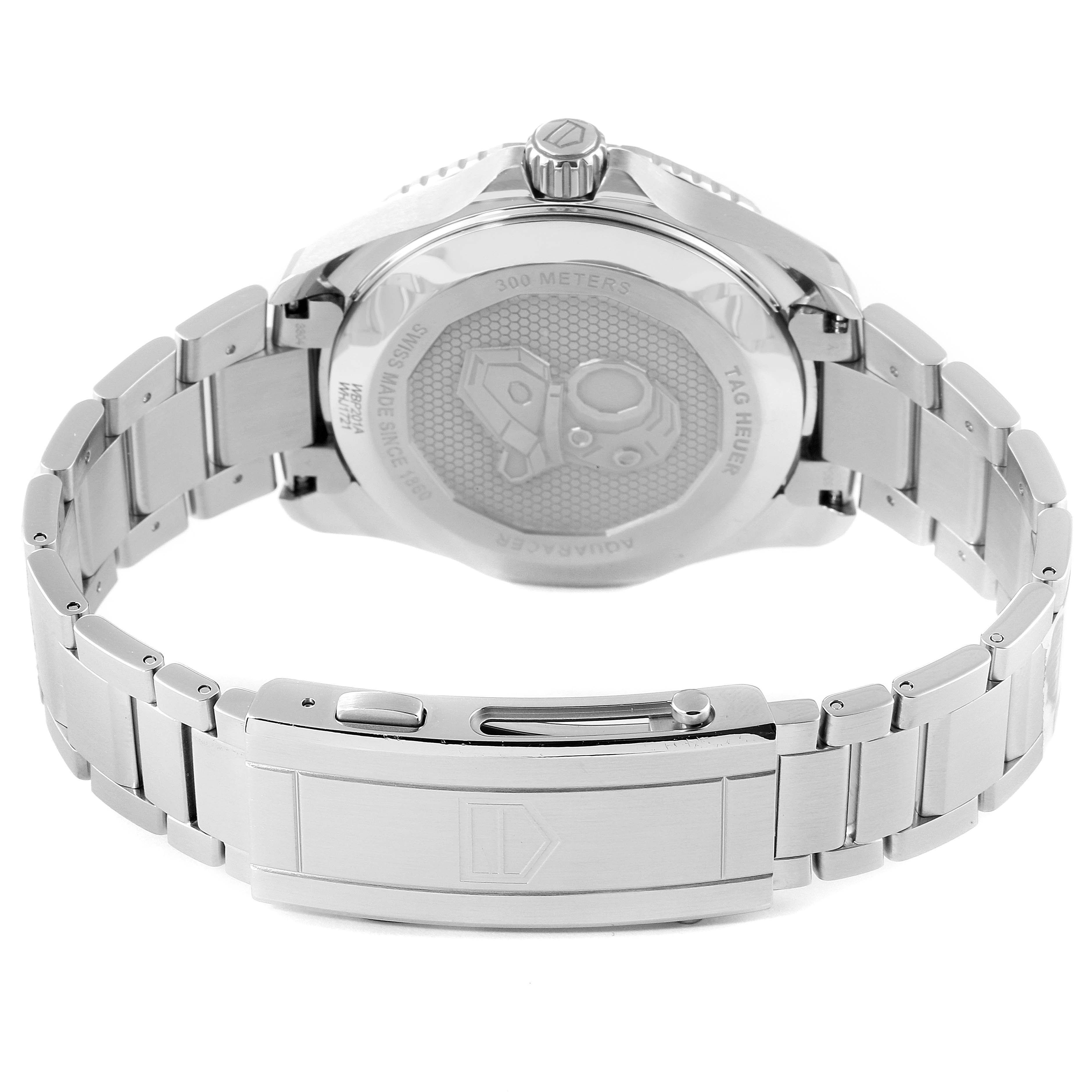 This image shows the back view of the Tag Heuer Aquaracer WBP201A.BA0632 Men's Stainless Steel Black Dial WBP201A.BA0632 Men's Stainless Steel Black Dial watch, featuring its case back and metal bracelet.