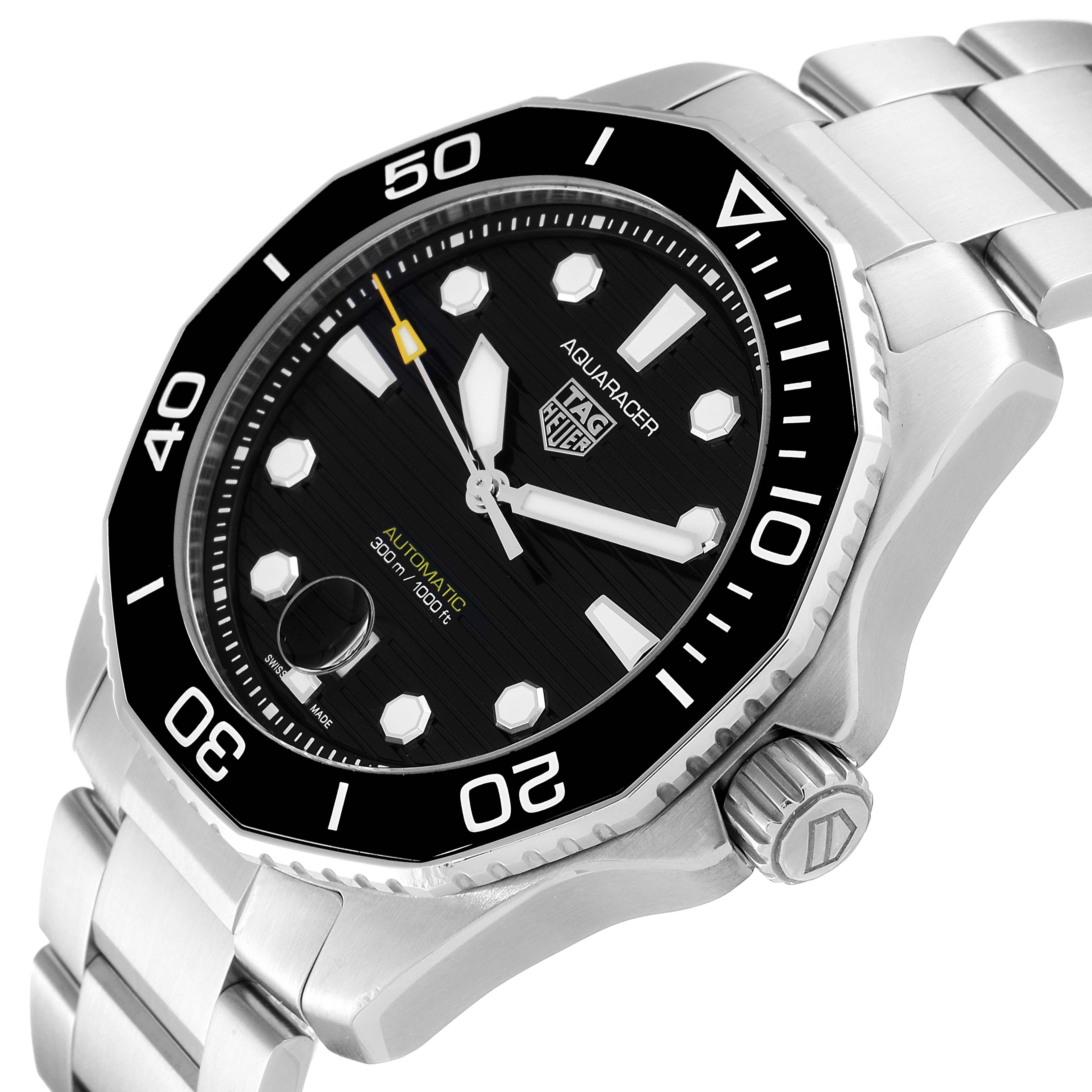 The image depicts a Tag Heuer Aquaracer WBP201A.BA0632 Men's Stainless Steel Black Dial WBP201A.BA0632 Men's Stainless Steel Black Dial watch showing the face, bezel, and part of the metal bracelet at an angle.
