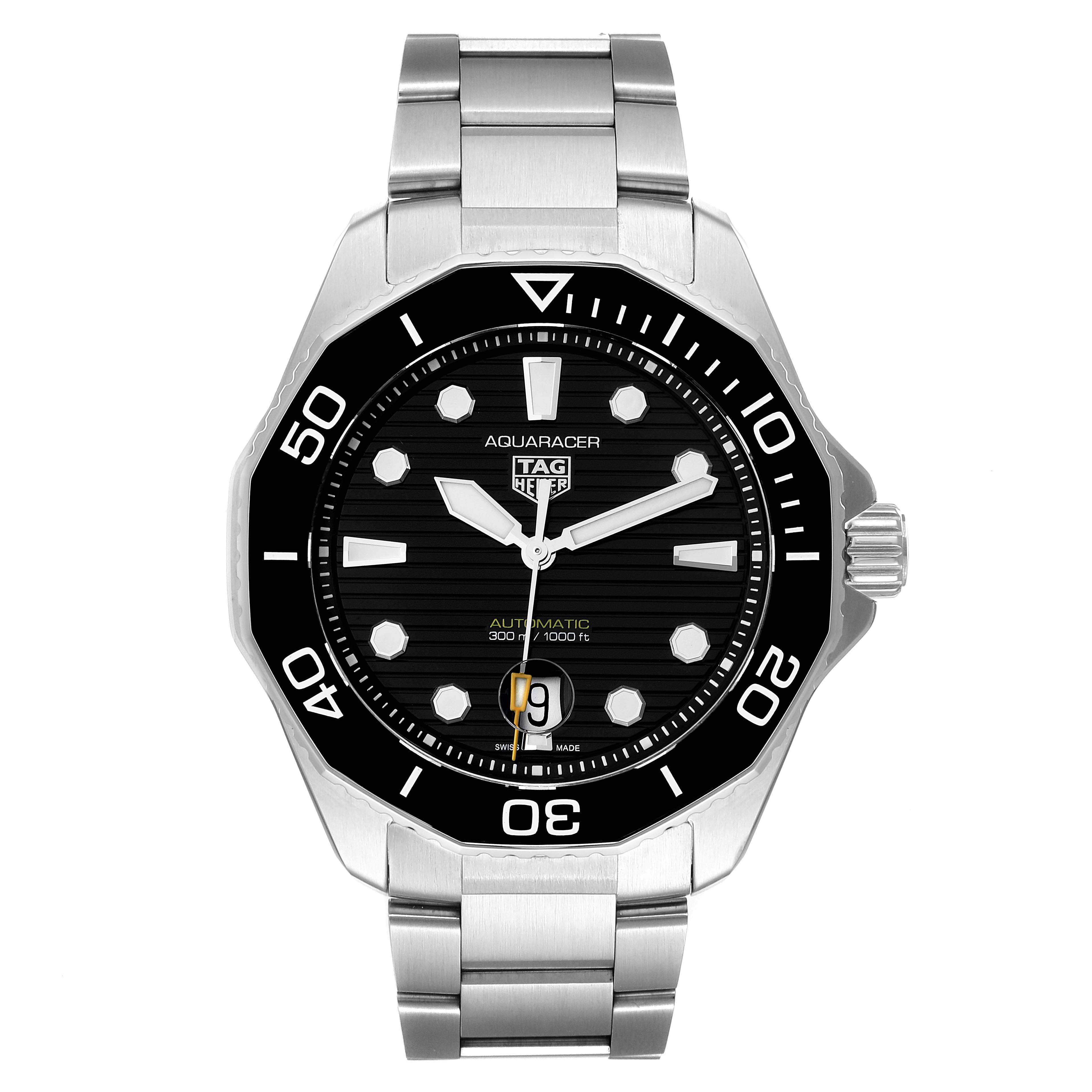 The image shows a front view of the Tag Heuer Aquaracer WBP201A.BA0632 Men's Stainless Steel Black Dial WBP201A.BA0632 Men's Stainless Steel Black Dial watch, highlighting its face, bezel, and bracelet.