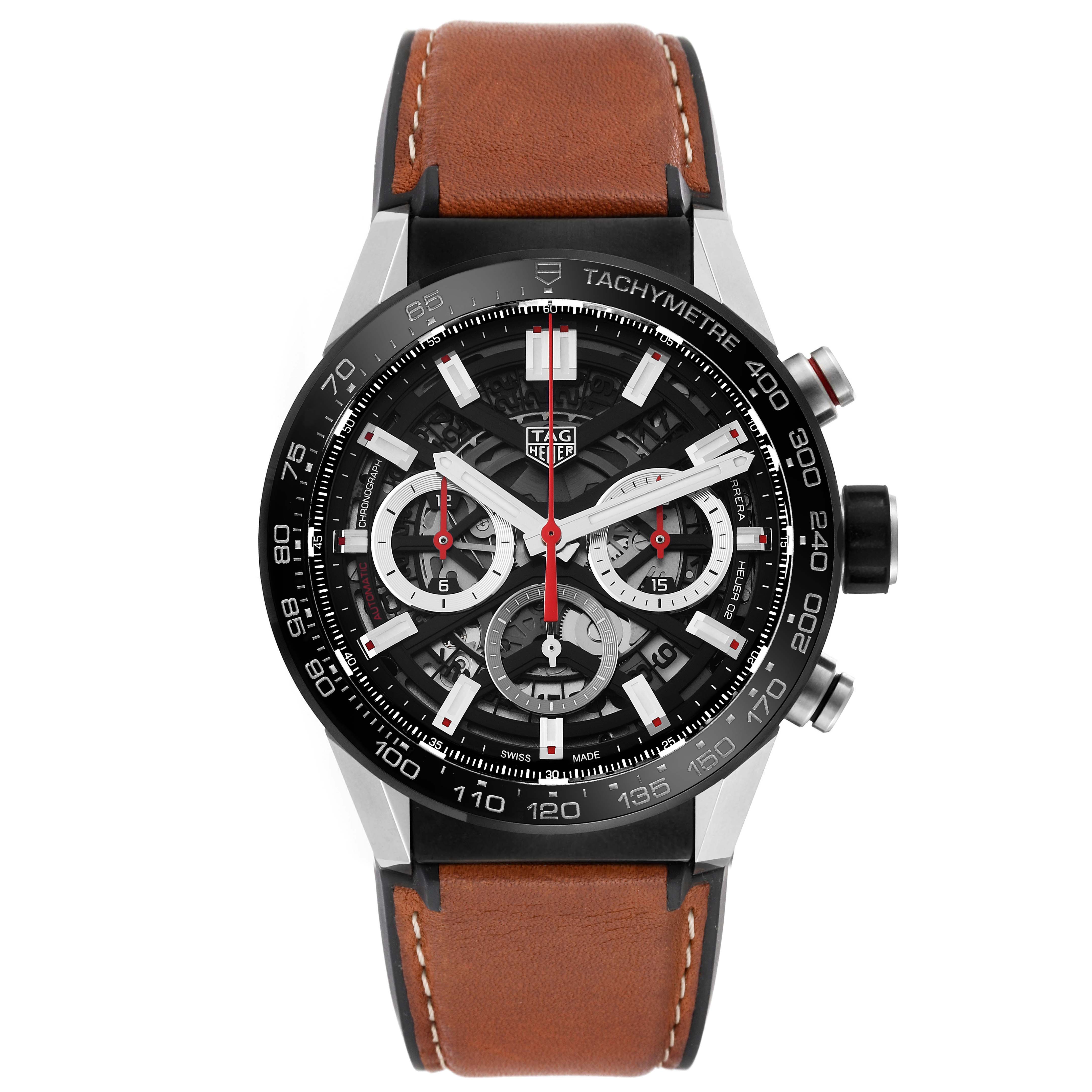 The image shows a front view of a Tag Heuer Carrera CBG2010.FT6144 Men's Stainless Steel Black Dial CBG2010.FT6144 Men's Stainless Steel Black Dial watch with a leather strap and a tachymeter bezel.