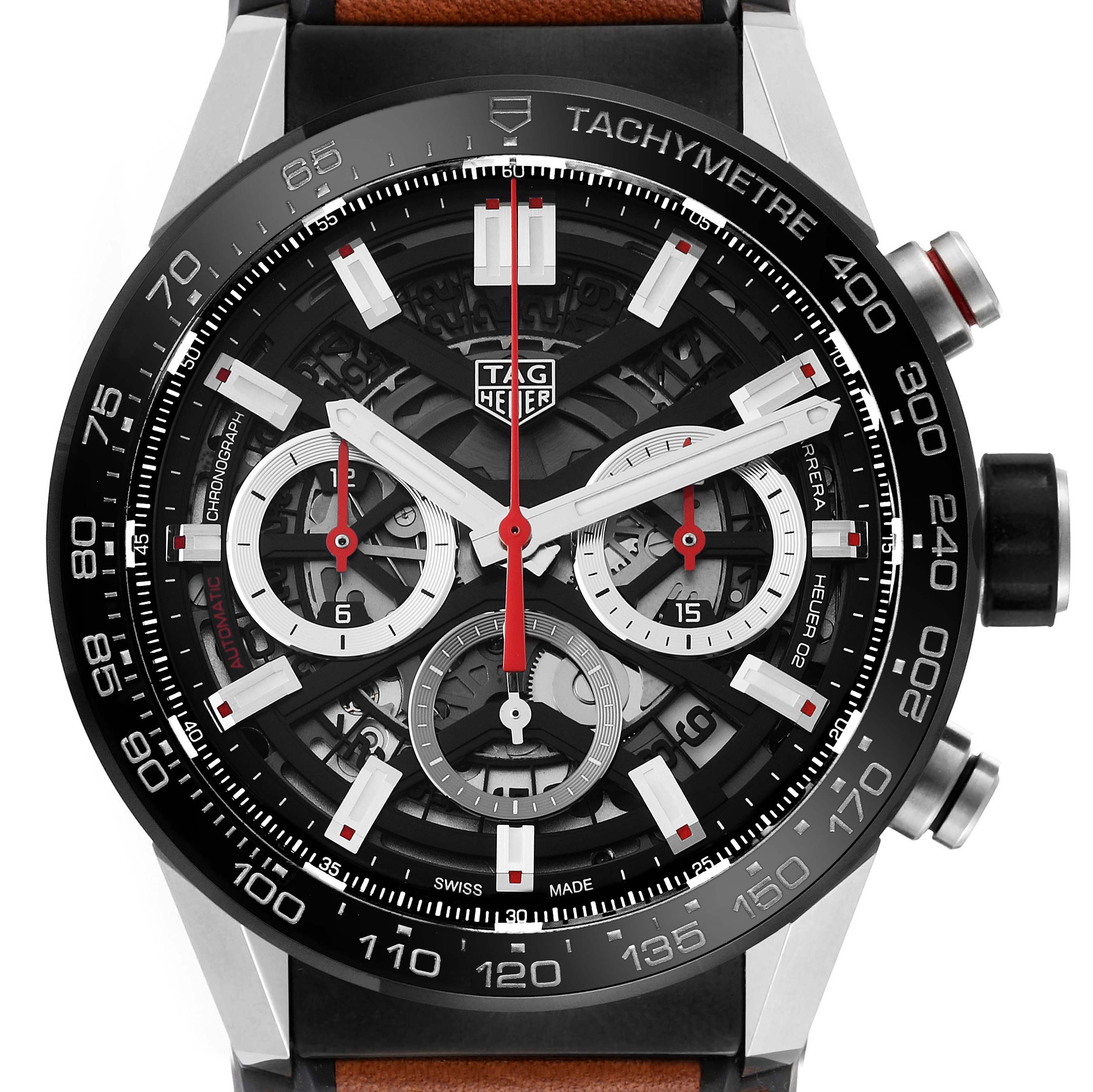 The image shows a front view of the Tag Heuer Carrera CBG2010.FT6144 Men's Stainless Steel Black Dial CBG2010.FT6144 Men's Stainless Steel Black Dial watch's dial, highlighting the tachymeter scale and chronograph subdials.