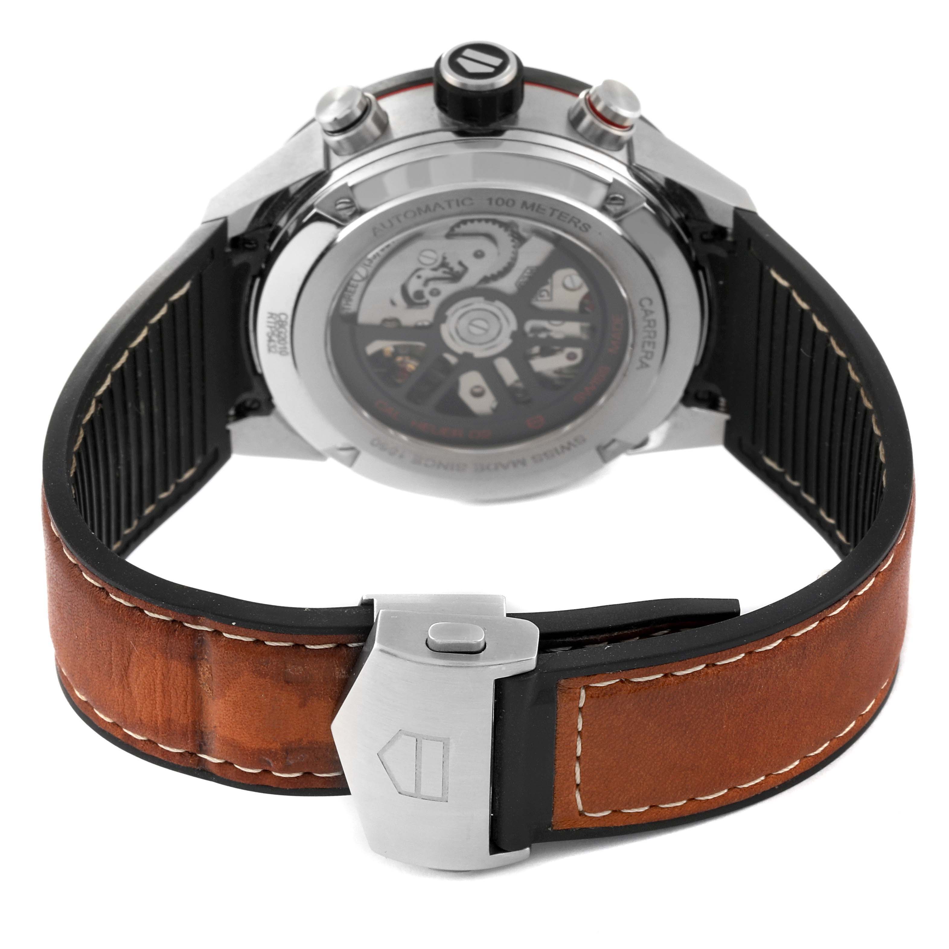 This image shows the back view of a Tag Heuer Carrera CBG2010.FT6144 Men's Stainless Steel Black Dial CBG2010.FT6144 Men's Stainless Steel Black Dial watch, highlighting the leather strap and transparent case back.