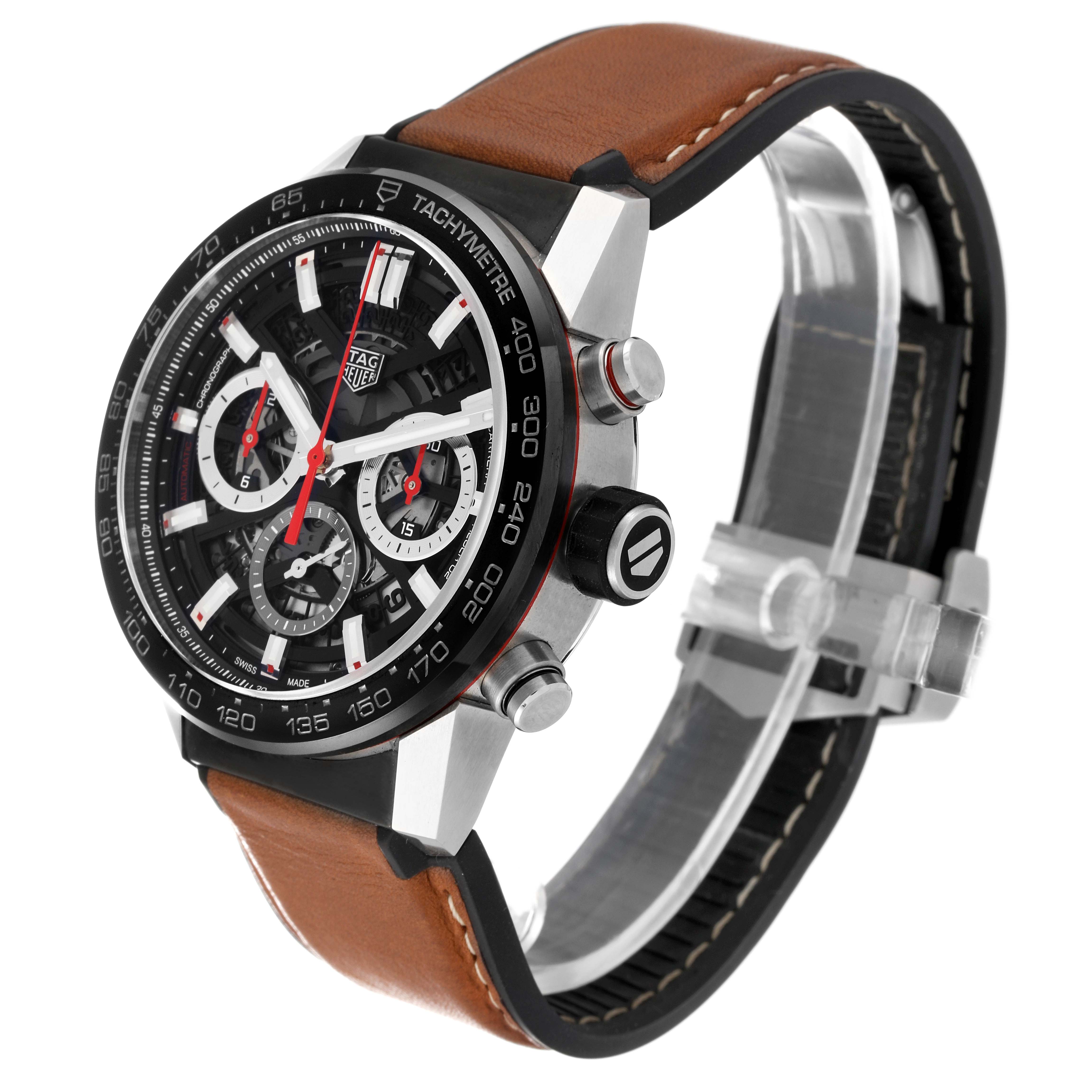 The Tag Heuer Carrera CBG2010.FT6144 Men's Stainless Steel Black Dial CBG2010.FT6144 Men's Stainless Steel Black Dial watch is shown at an angle highlighting the face, bezel, crown, and brown leather strap.