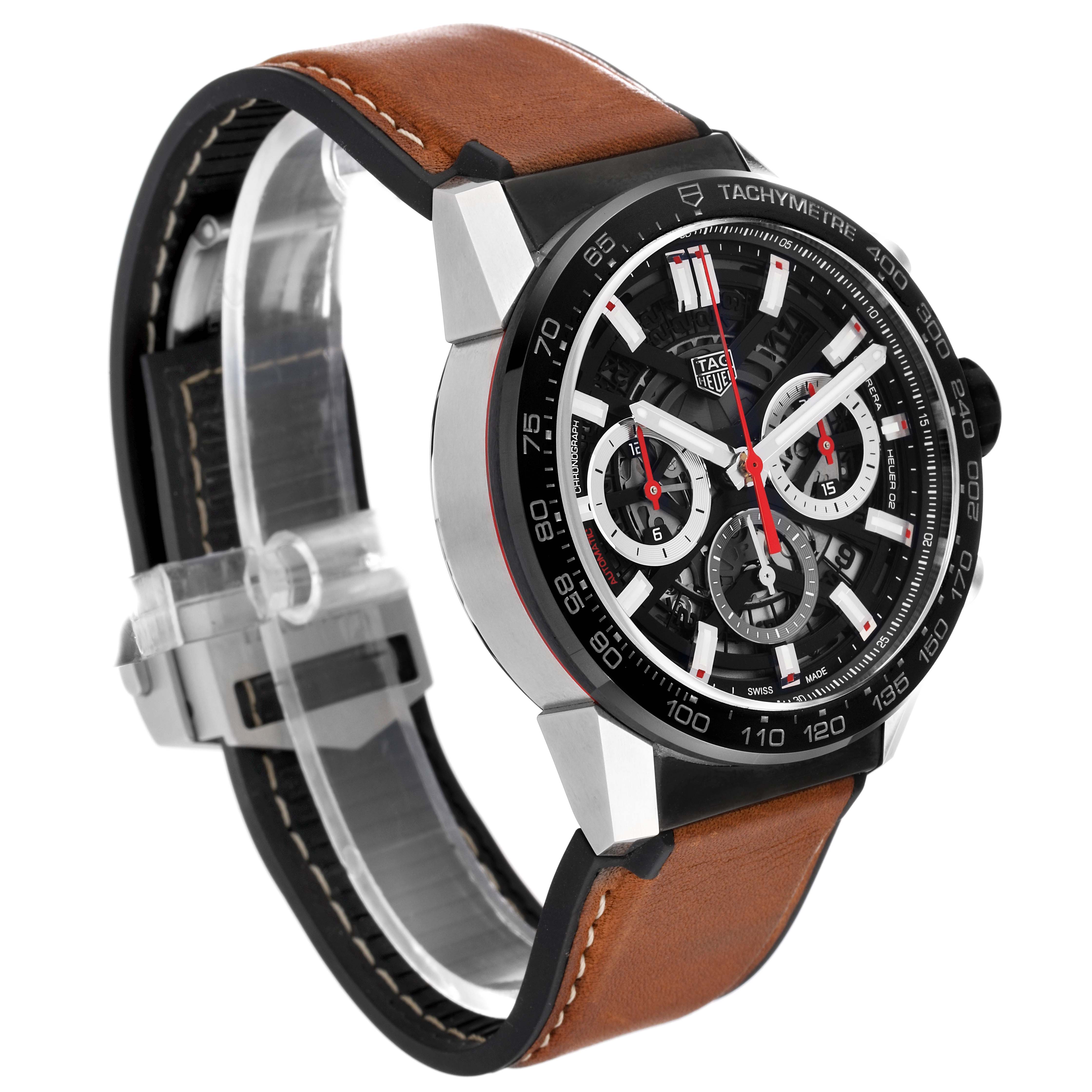 The watch's face, bezel, and side view of the case and brown leather strap of the Tag Heuer Carrera CBG2010.FT6144 Men's Stainless Steel Black Dial CBG2010.FT6144 Men's Stainless Steel Black Dial model are shown at an angled perspective.