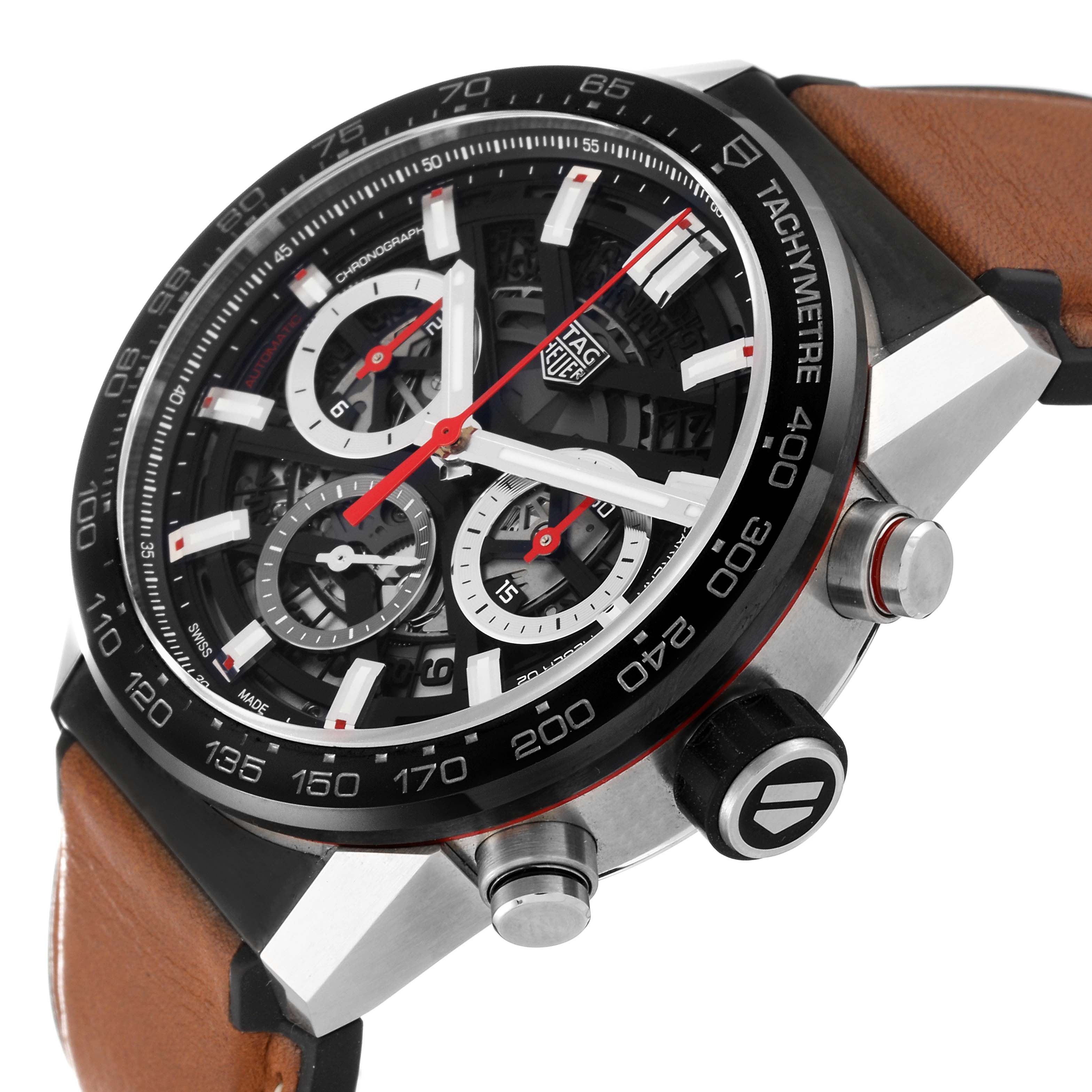 The image shows a close-up side angle of the Tag Heuer Carrera CBG2010.FT6144 Men's Stainless Steel Black Dial CBG2010.FT6144 Men's Stainless Steel Black Dial watch, highlighting its face, dials, bezel, buttons, and leather strap.