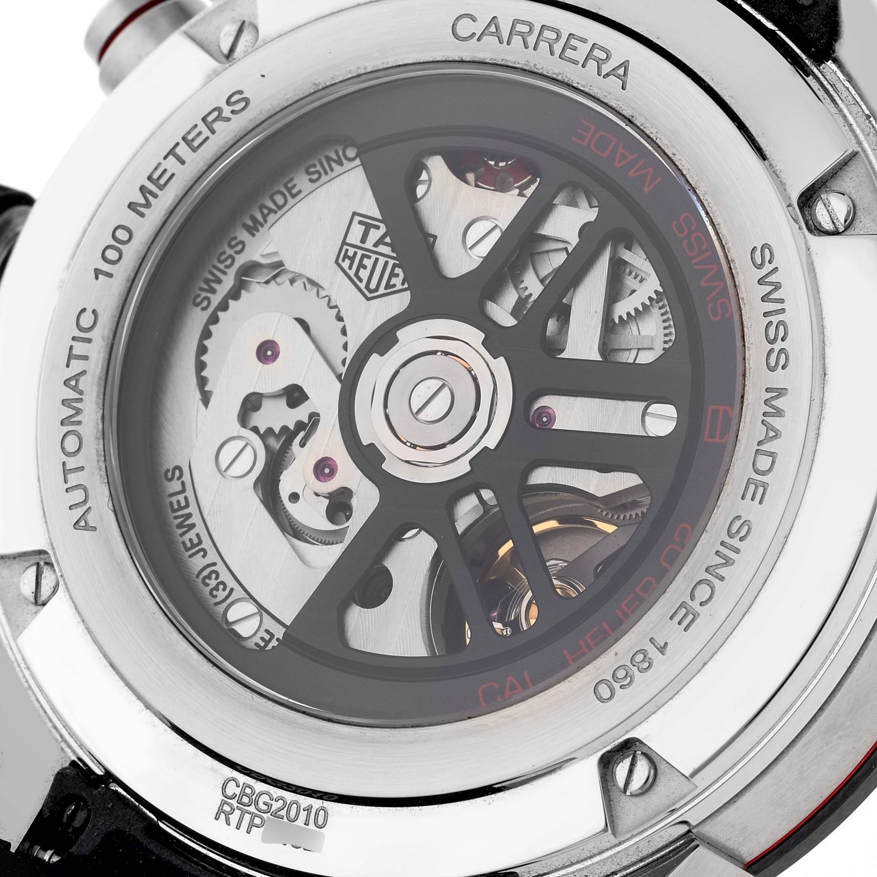The image shows the back of a Tag Heuer Carrera CBG2010.FT6144 Men's Stainless Steel Black Dial CBG2010.FT6144 Men's Stainless Steel Black Dial watch, highlighting the automatic rotor and internal mechanics.