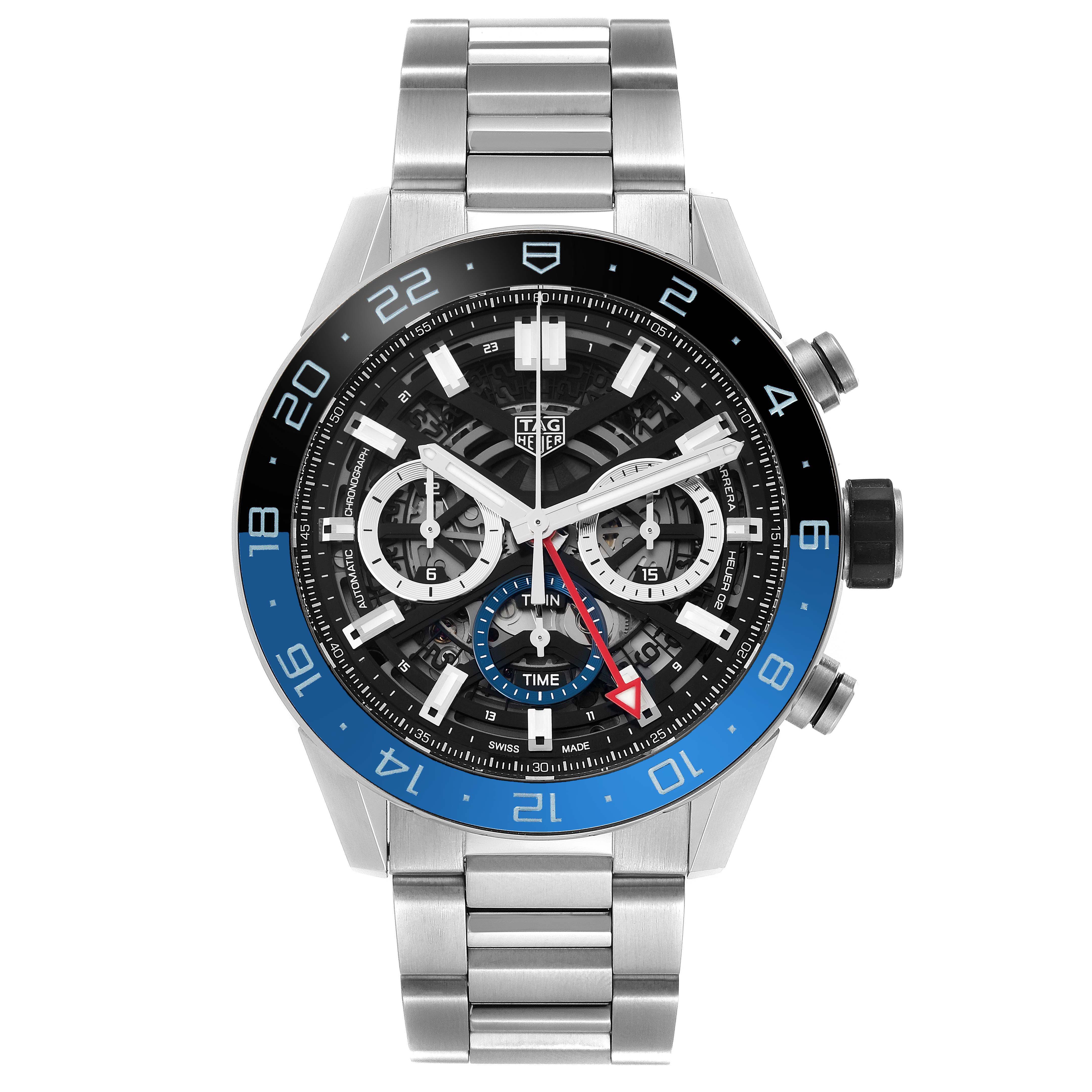 The Tag Heuer Carrera CBG2A1Z Men's Stainless Steel Transparent Dial CBG2A1Z Men's Stainless Steel Transparent Dial watch is shown front-on, displaying its detailed dial, bezel, and metal bracelet.