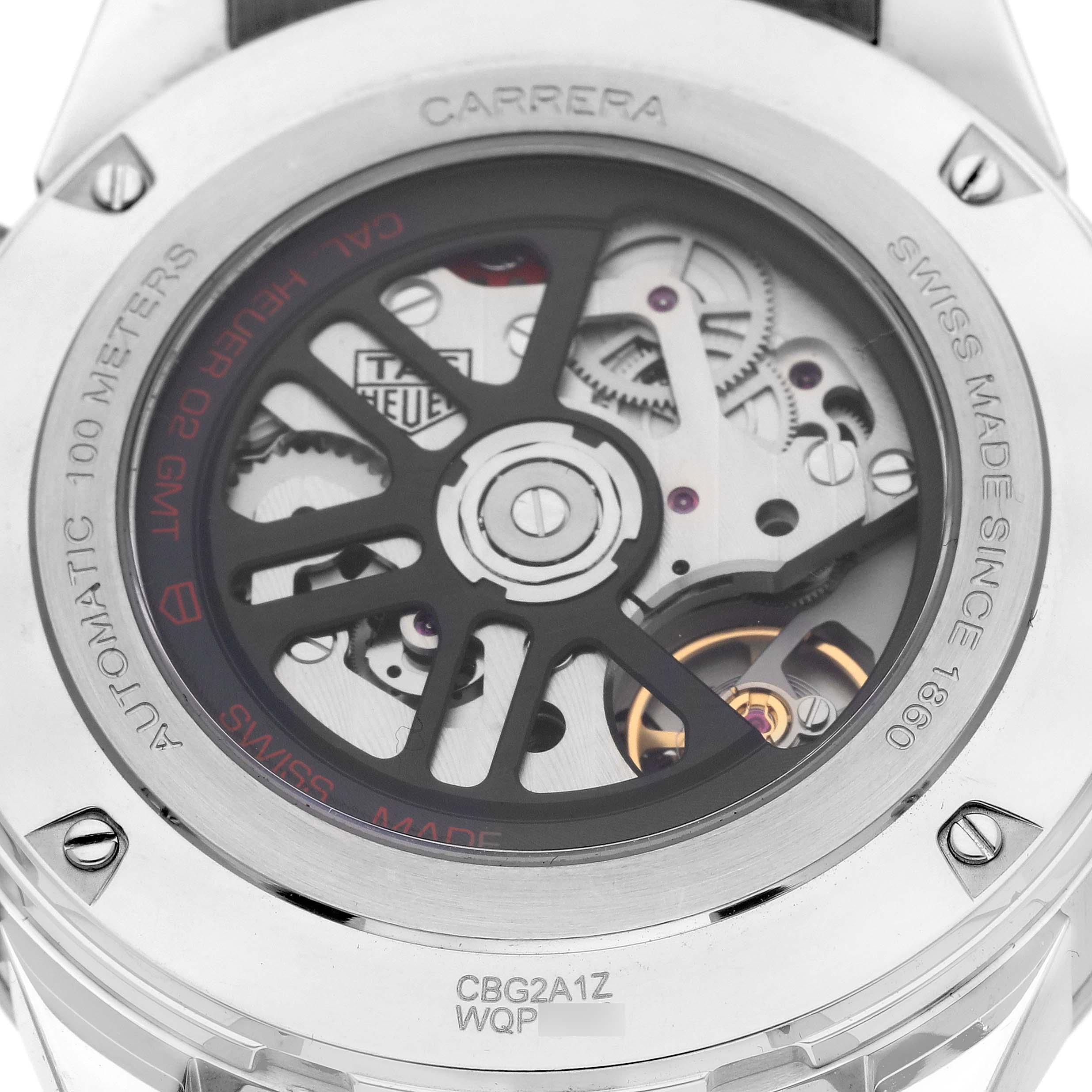 The image shows the back view of the Tag Heuer Carrera CBG2A1Z Men's Stainless Steel Transparent Dial CBG2A1Z Men's Stainless Steel Transparent Dial watch, highlighting the movement and internal mechanics.