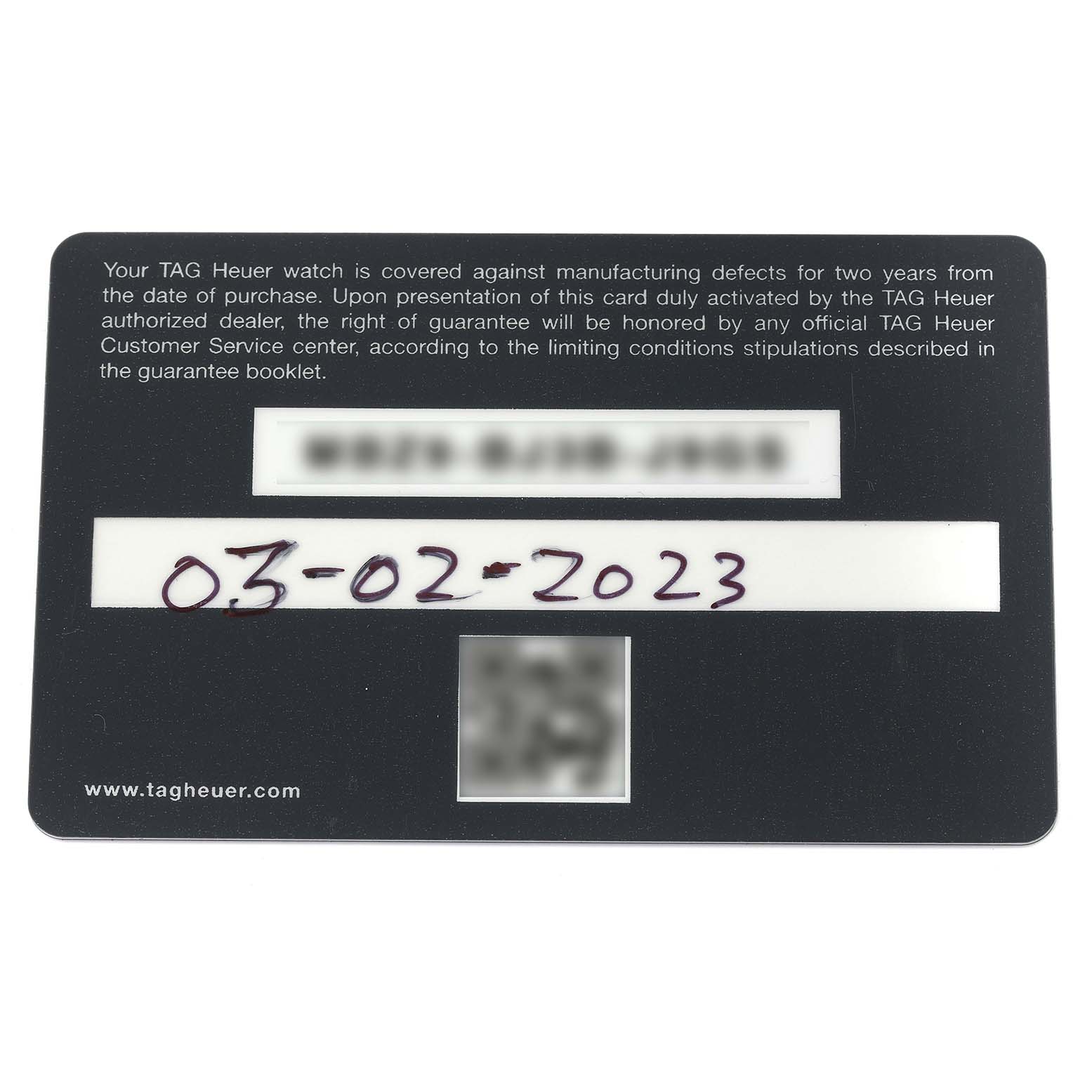 The image shows a warranty card for the Tag Heuer Carrera CBG2A1Z Men's Stainless Steel Transparent Dial CBG2A1Z Men's Stainless Steel Transparent Dial watch, with purchase date and serial number details.