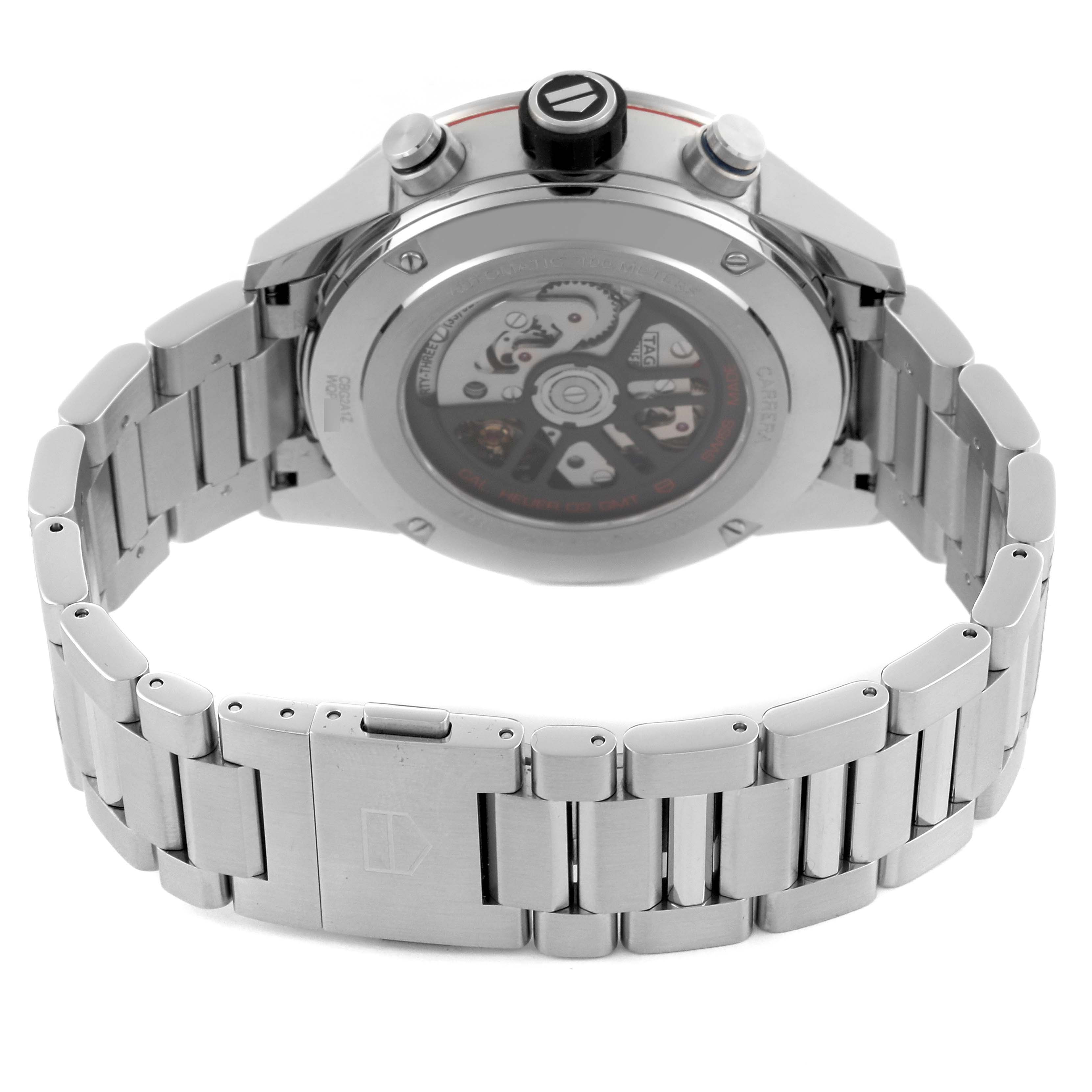 The image shows the back case and bracelet of a Tag Heuer Carrera CBG2A1Z Men's Stainless Steel Transparent Dial CBG2A1Z Men's Stainless Steel Transparent Dial watch at an angle highlighting the automatic movement.